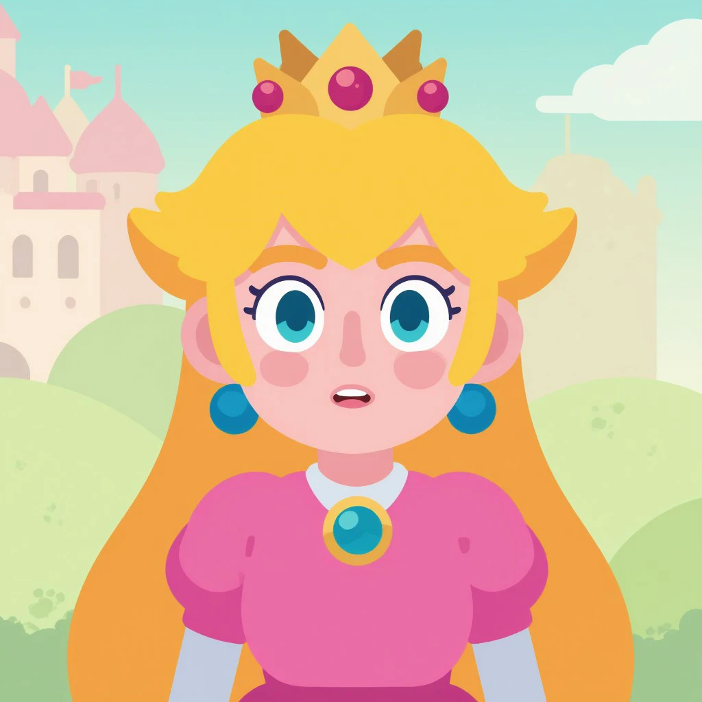 flat cartoon princess peach at castle from super mario, face closeup