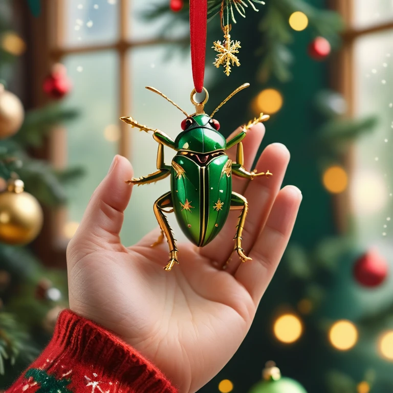 A person delicately holds a (christmas ornament shaped like a BugXmas cricket) in their hands.
Their hands are open and carefully cradling the (christmas ornament shaped like a BugXmas cricket), highlighting a sense of wonder and care.
BugXmas is decorated with small, colorful snowflakes and placed on a Christmas tree, including BugXmas golden and green BugXmas.
The background shows a cozy, softly lit room with a window displaying a blurred, wintry outdoor scene. The overall style is hyper-realistic with a warm, festive atmosphere.
<lora:BugXmas:0.65> <lora:MJ52:0.625> <lora:SDXLFaeTastic2400:0.625> <lora:LCMV2-PONYplus-PAseer:1.05>