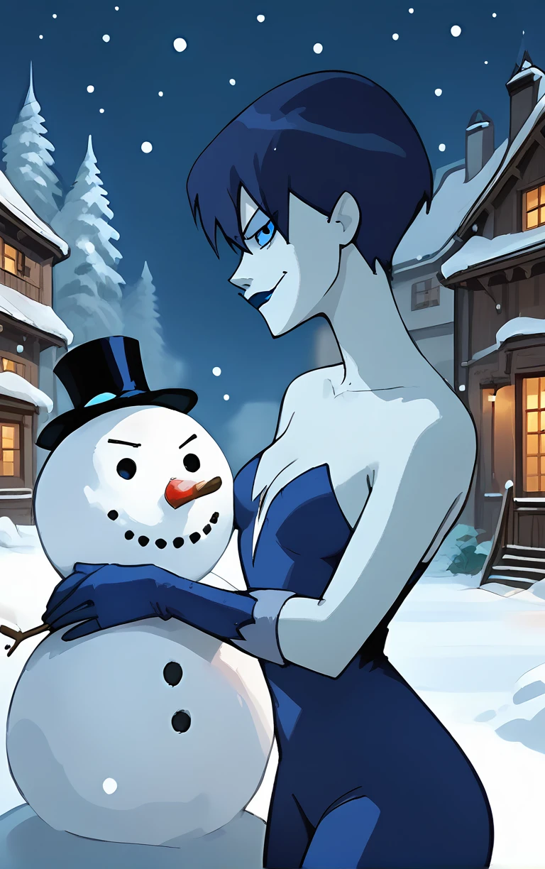 1girl, kfjlu, blue bodysuit, cleavage, short hair, pale white skin, blue lipstick, smirk, profile, blue sclera, blue gloves, sn0wm4n, snowman, top hat, winter village scene, snowing, night, <lora:Killer_Frost_-_Justice_League_Appearance_v1:0.8>, <lora:build_a_snowman_concept_v1:0.9>,  <lora:Winter_Village:0.2>, score_9, score_8_up, score_7_up, score_6_up, score_5_up, score_4_up,