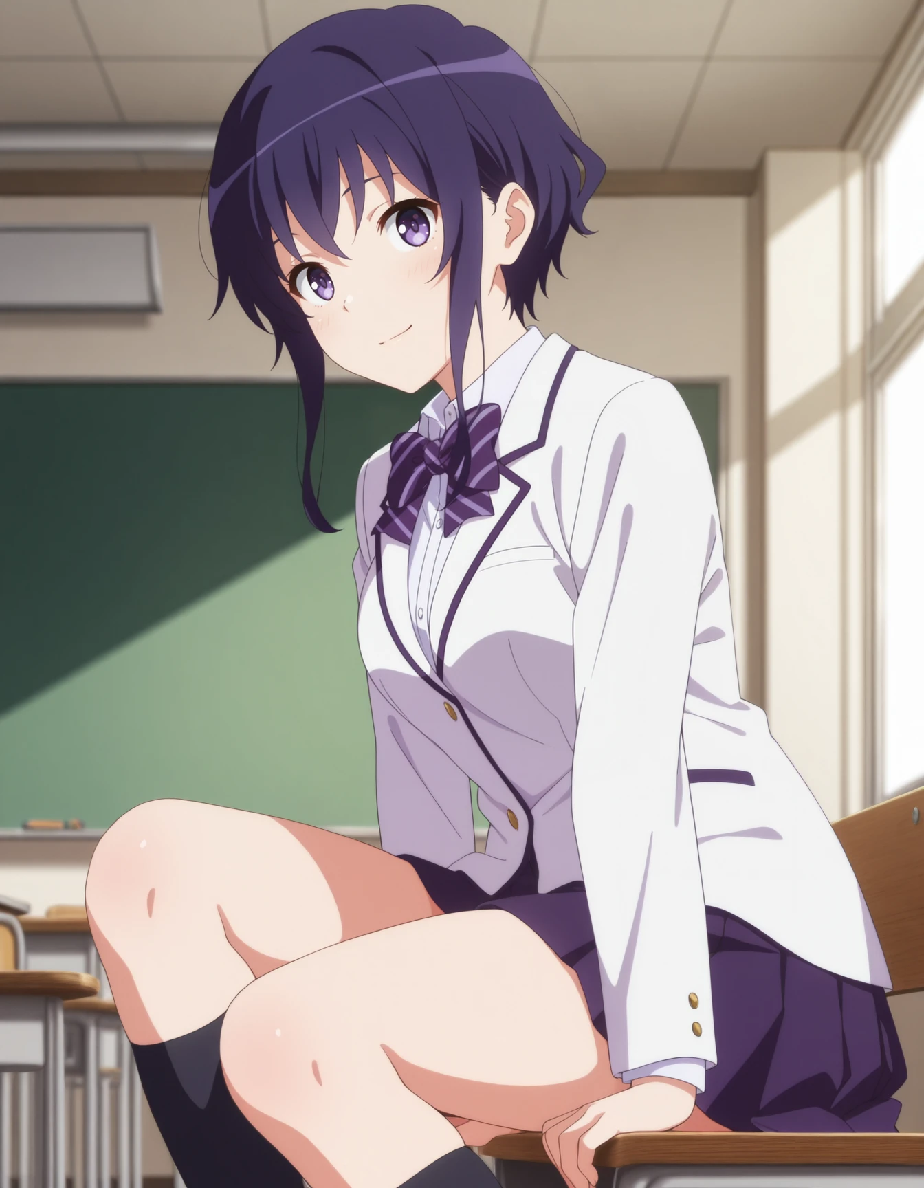 masterpiece,best quality,amazing quality,1girl,solo,light smile BREAK  
Michiru <lora:IL-Michiru:1>,purple hair,short hair,purple eyes,sidelocks,medium breasts,school uniform,  purple bowtie, purple pleated skirt,white jacket,kneehighs, 
looking at viewer,classroom,