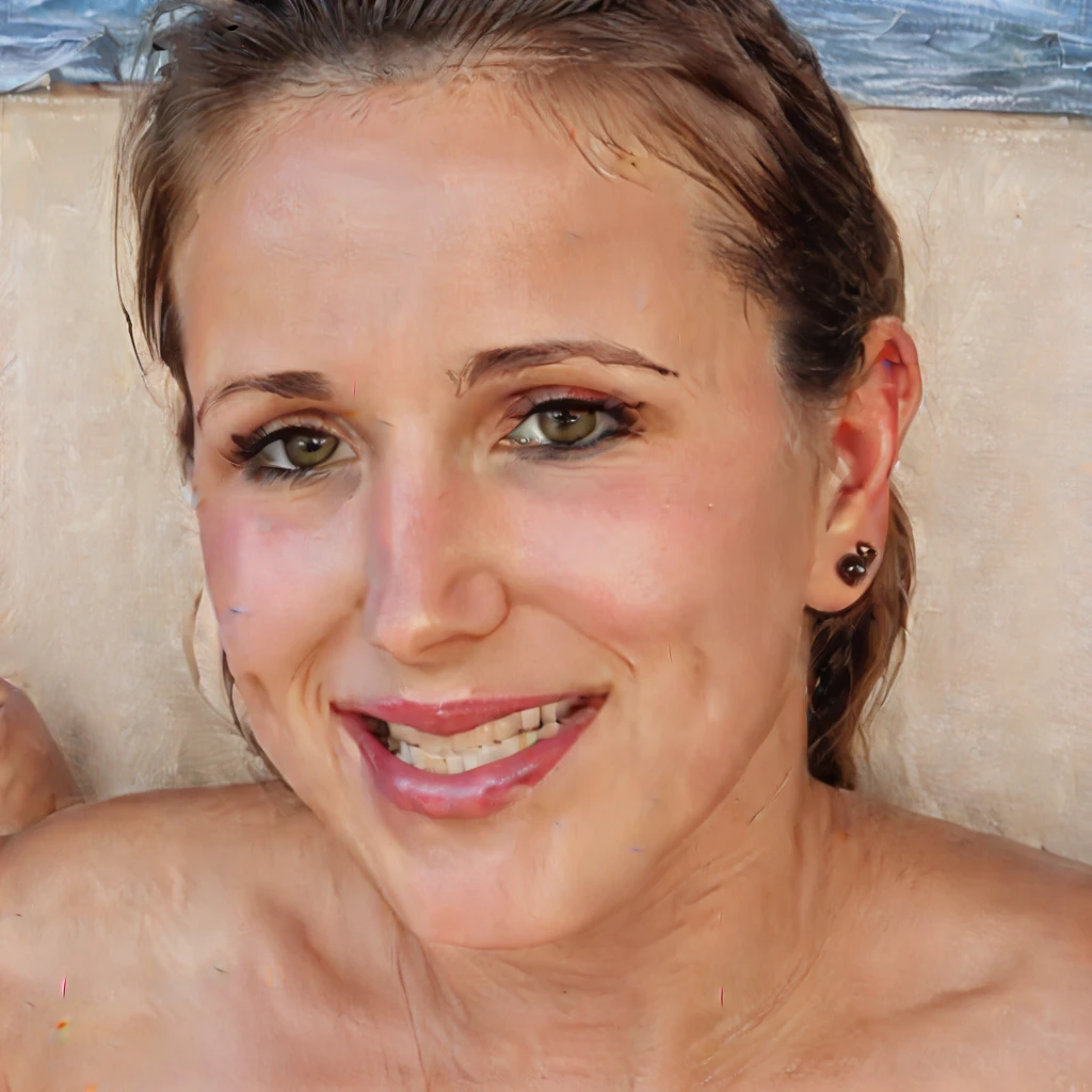 Beautiful brunette mother, 38 years old. Standing by a pool. 4k. natural light. Detailed face. Frowning. Topless . Straight hair. No makeup.