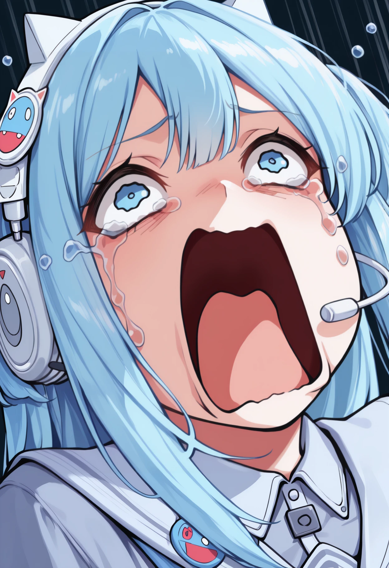 masterpiece, best quality, portrait, solo, 1girl, shifty, aquascreaming, screaming, open mouth, crying with eyes open, blue eyes, blue hair, two side up, long hair, hair ornament, animal ear headphones, headset, sailor collar, button badge, serafuku, blue neckerchief, grey shirt
<segment:yolo-face_yolov8m.pt,0.4,0.5//cid=1>