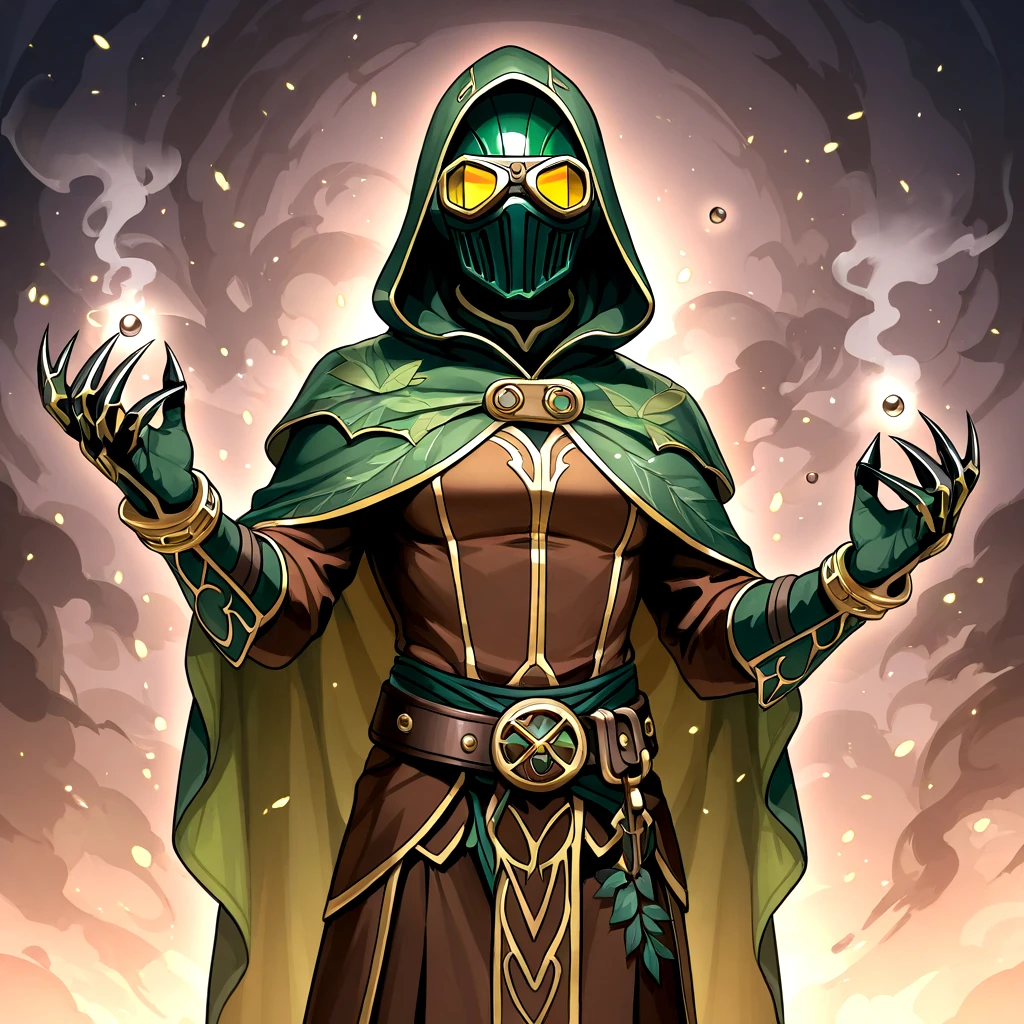 masterpiece, best quality, high quality, detailed, absurdres,  <lora:FantasyWorldIllustrious:.85> , Man Warlock The Fathomless Fairy Green and brown suit with leaf patterns, a hooded cloak, clawed gloves, a vine-grapple belt, retractable night-vision goggles, and smoke pellets for stealth escapes.