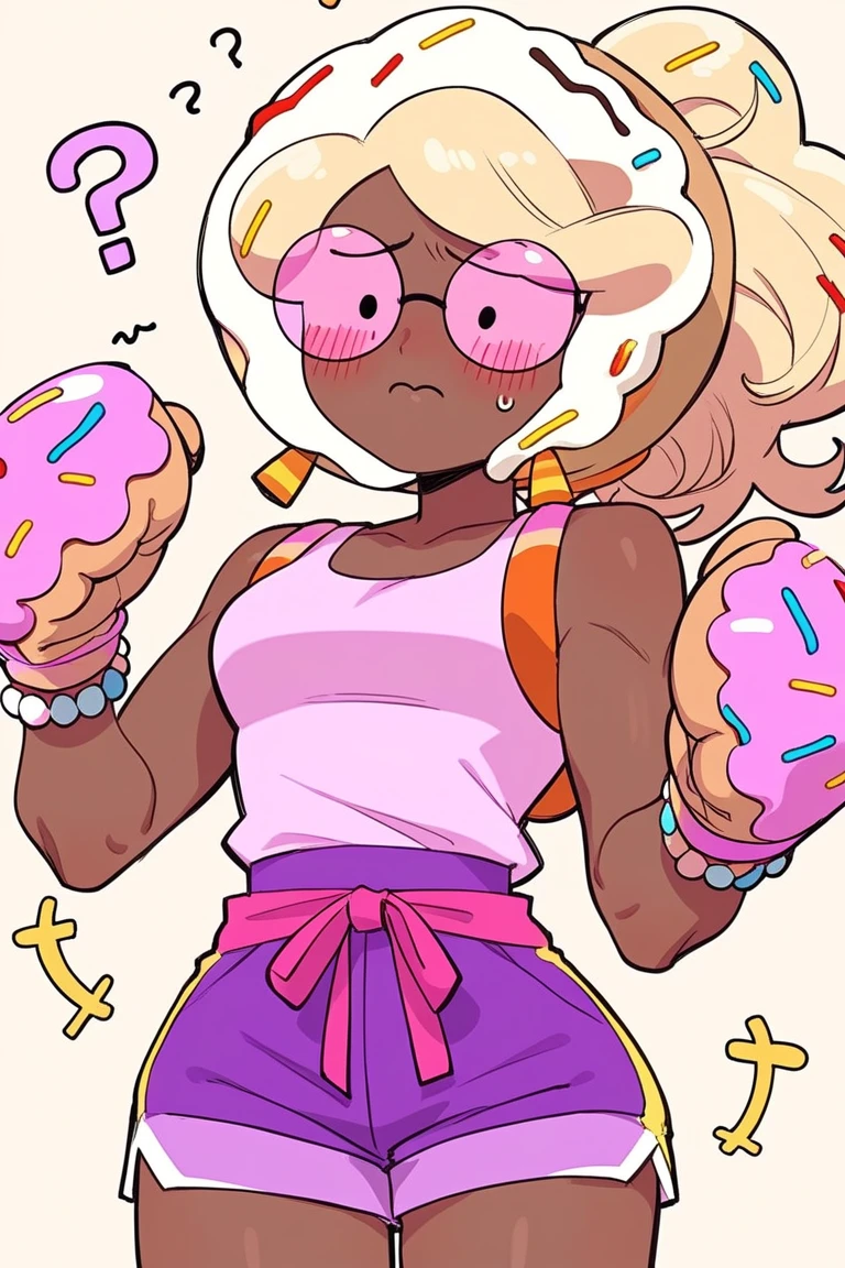 Score_9, Score_8_up, Score_7_up ,smrosa  ,1 girl , blonde_hair , ,   ponytail , puffy hair ,  dark-skinned female , pink eyewear  , round_eyewear,pink top , tank top , purple shorts  ,waist tie , bracelet ,simple background ,   ,looking at viewer ,Sprinkle Hair Decoration , boxing gloves,orenji ,blush , nervous , confused , ??? ,  donut helmet