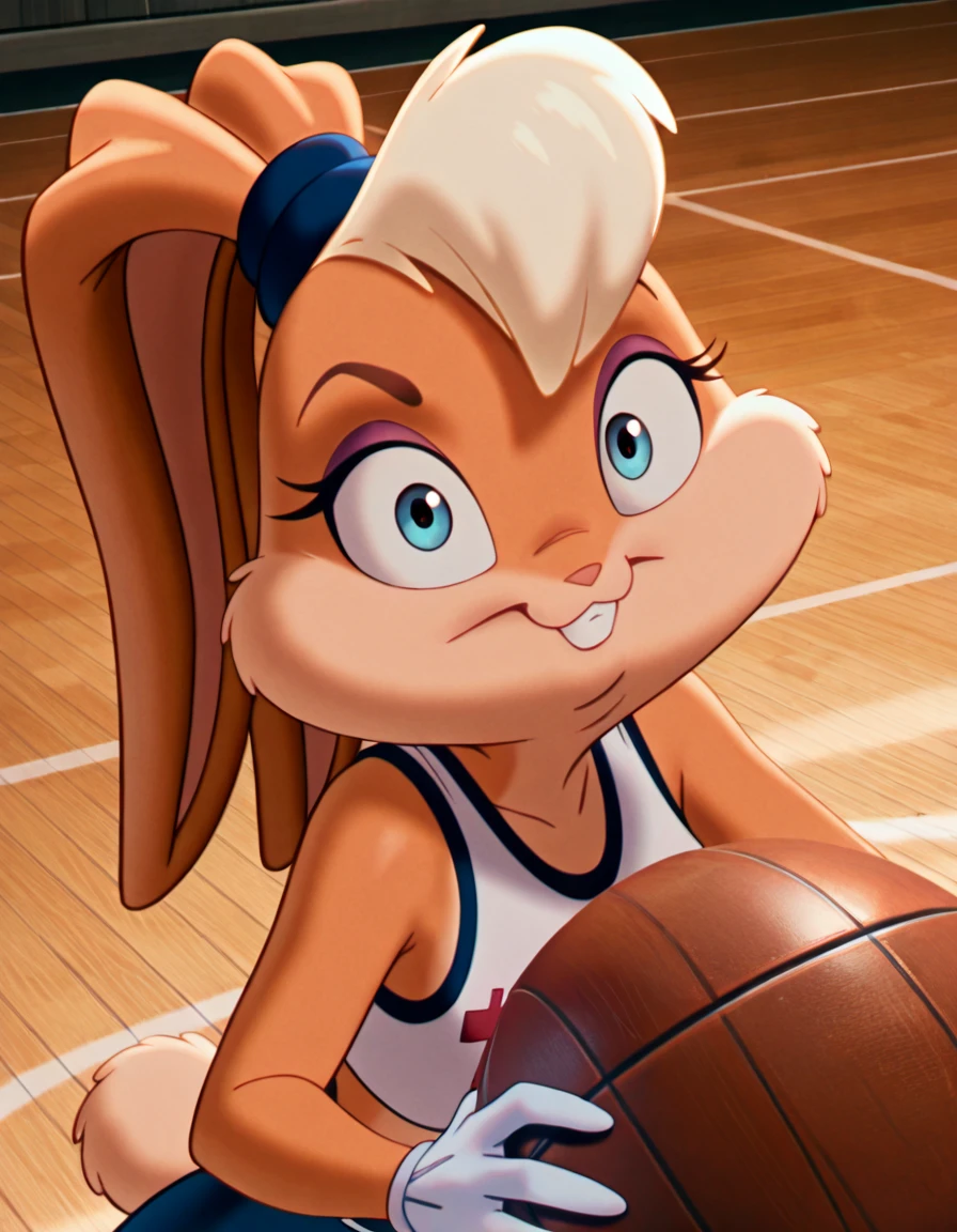 <lora:LolaIllustrious1.0 (1):1>  lola, 1girl, solo, furry female, rabbit ears, smile, buck teeth, eyeshadow, body fur, scrunchie, blue eyes,white gloves, blonde hair, breasts, midriff,tank top, looking at viewer, basketball,holding,wide-eyed,
masterpiece,best quality,amazing quality,very aesthetic,absurdres,newest,