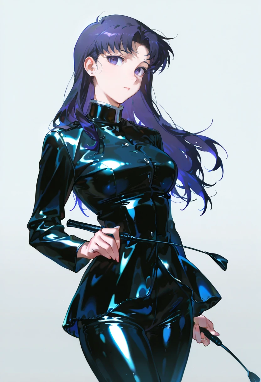 latex riding jacket,shiny clothes,holding riding crop,1girl,solo,looking at viewer,konya_karasue,katsuragi_misato