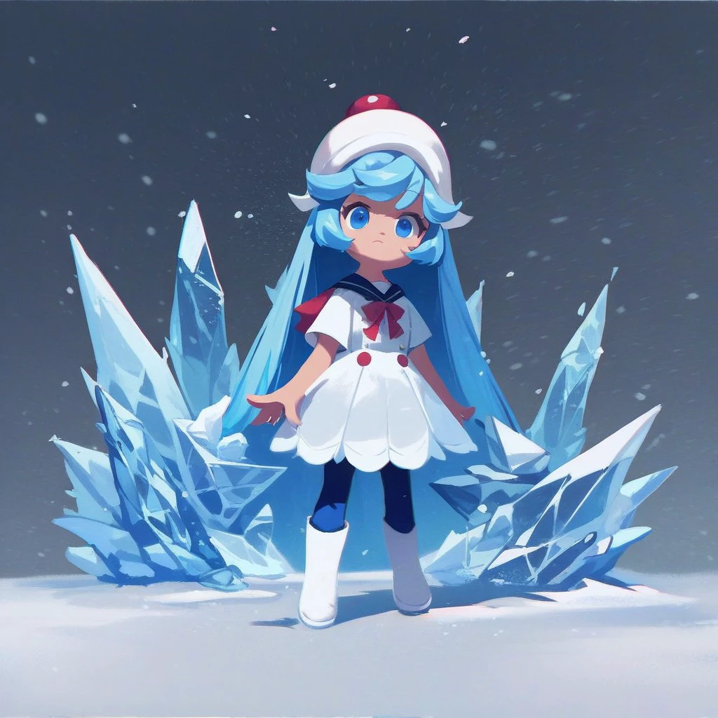 score_9, score_8_up, score_7_up, score_6_up, score_5_up, score_4_up, creamsoda, blue hair, blue eyes, white hat, uniform, blue pants, white boots, standing, ice, snow