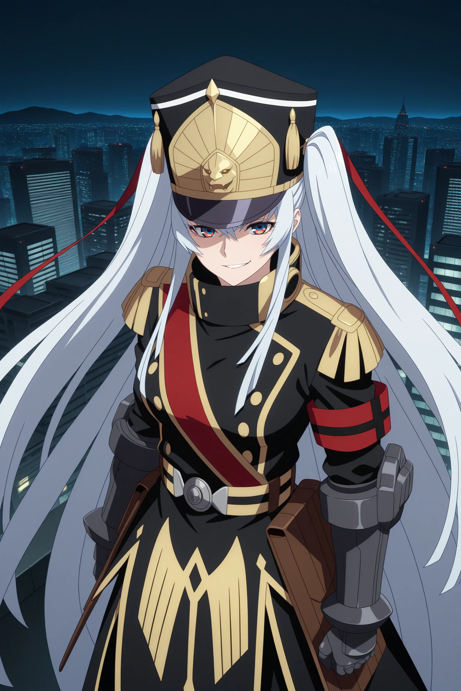 masterpiece, best quality, amazing quality, highres, absurdres, very aesthetic, high resolution, ultra detailed, perfect details, 1girl, solo, outdoors, skyscraper, city lights, (night sky:1.5), medium breasts, military uniform princess, white hair, absurdly long hair, sidelocks, two side up, hair ribbon, multicolored eyes, square pupils, military uniform, long sleeves, armband, shako cap, gauntlets, sash, long coat, long skirt, belt, high heel boots, knee boots,  <lora:Altair_Recreators_ILXL:0.8>, (aged up:1.2), (cowboy shot:1.8), anime coloring, anime screencap, looking at viewer, (pose:1.6), smirk, (hovering:1.5), (from above:1.5), teeth, (from side:1.1)