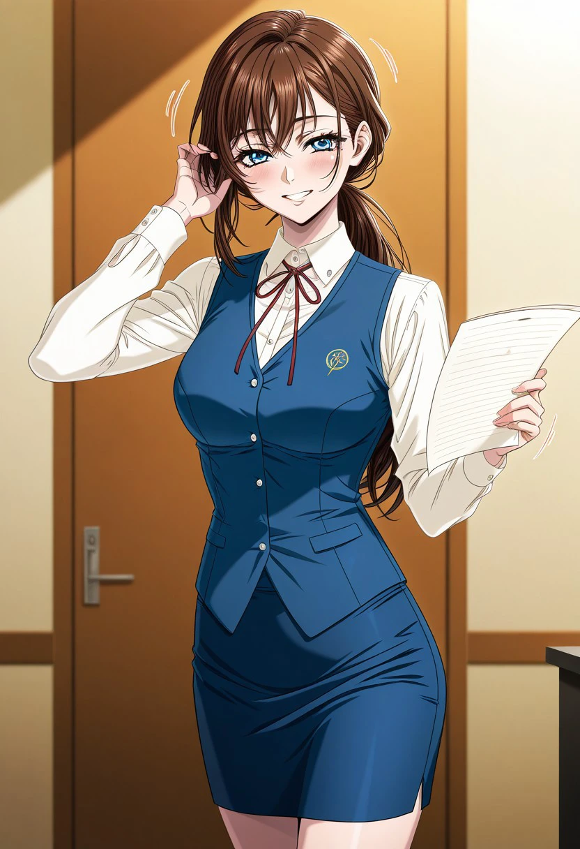 masterpiece, best quality, newest, highres, uncensored, 1girl, yokota mamoru style,1girl, slender face，motion lines,blush,torogao,looking at the viewer,seductive smile
Asai Sayaka,Brown Hair, Ponytail,Blue Eyes,Medium Breasts, Slim,long hair
1girl,solo
collared shirt, white shirt, long sleeves, blue vest, white buttons, pencil skirt, blue skirt, red ribbon, neck ribbon, medium breasts, looking at viewer, holding paper, paper, smile, teeth, looking at viewer, <lora:tucking-hair-ponyxl-lora-nochekaiser:0.5>, tucking hair, adjusting hair, hand on own hair, hair behind ear,, cowboy shot,