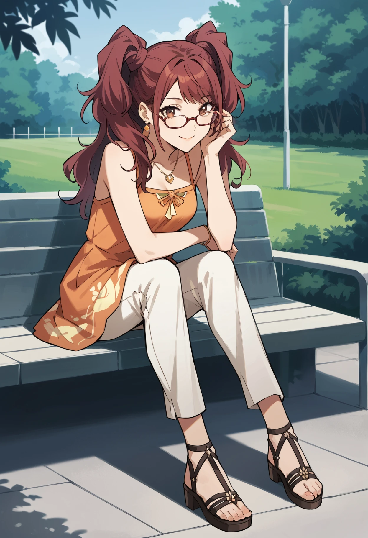 score_9, score_8_up, score_7_up, (source_anime), 1 girl, solo, nsfw, cute face,
p4rise, kujikawa rise, twintails, long hair, red hair, brown eyes, earrings, 
p4risesummer, kujikawa rise, dress, orange dress, capri pants, tan pants, casual, glasses, sandals,
sitting, smile,
park, pavillion,
masterpiece, best quality, ultra detailed, absurdres, very aesthetic