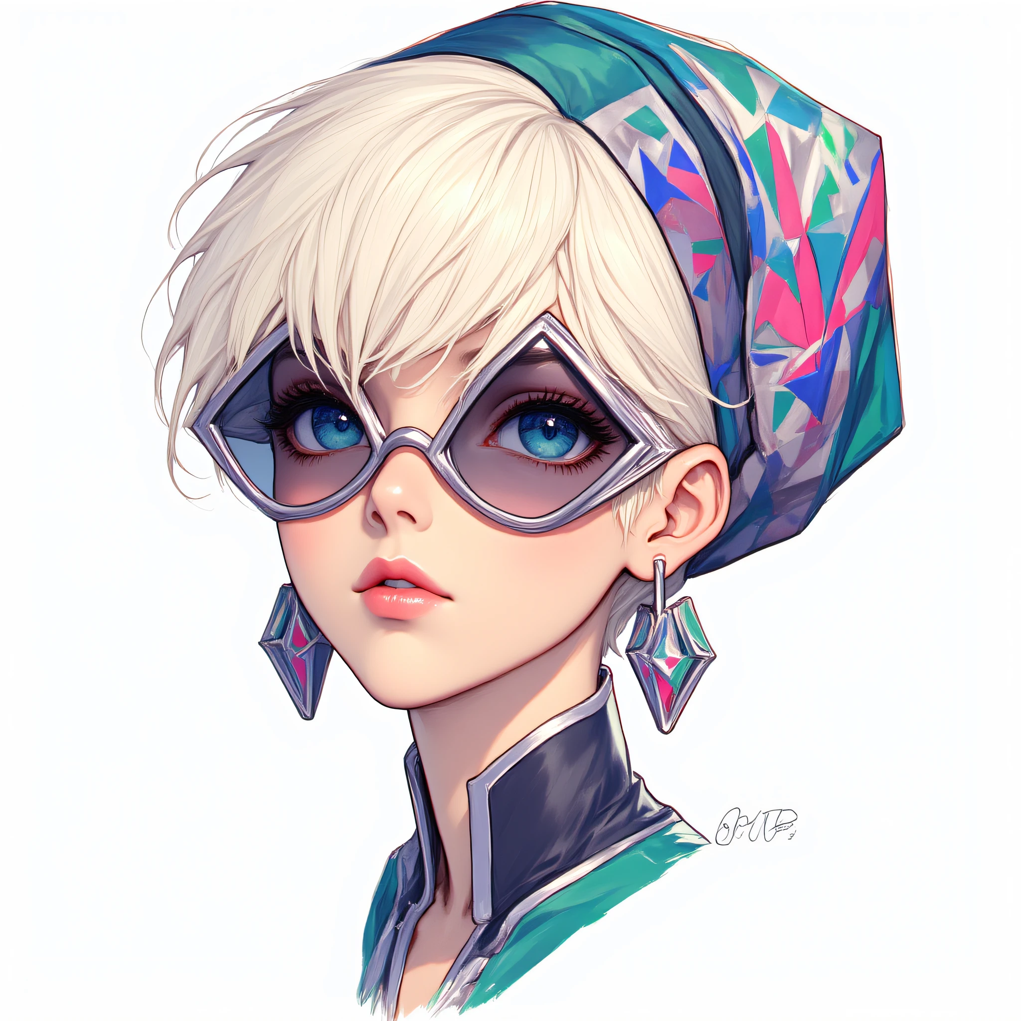 ArsNijiStyle, triangle, The image is a digital illustration of a young woman with blonde hair and blue eyes. She is wearing a colorful headscarf with a geometric design in shades of blue green and pink. The woman is also wearing a pair of large triangular-shaped sunglasses with a silver frame. She has a serious expression on her face and is looking off to the side. The background is white making the colors of the woman's face and sunglasses stand out. The overall style of the illustration is futuristic and edgy., 1girl, solo, earrings, jewelry, sunglasses, hat, parted lips, short hair, white hair, looking at viewer