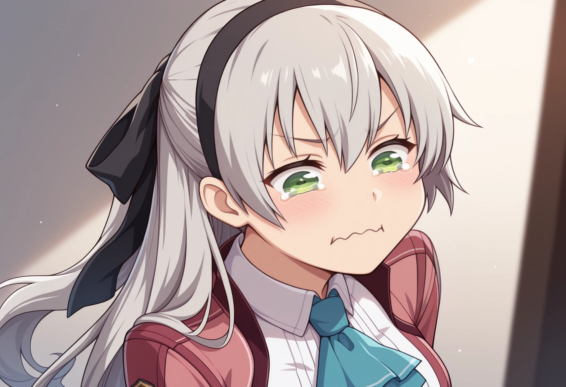 masterpiece, best quality, <break> solo, 1girl, elie macdowell, sen no kiseki, aquacrying, wavy mouth, closed mouth, tearing up, long hair, grey hair, black hairband, hair ribbon, hair ribbon, green eyes, blue ascot
<segment:yolo-face_yolov8m.pt,0.4,0.5//cid=1>