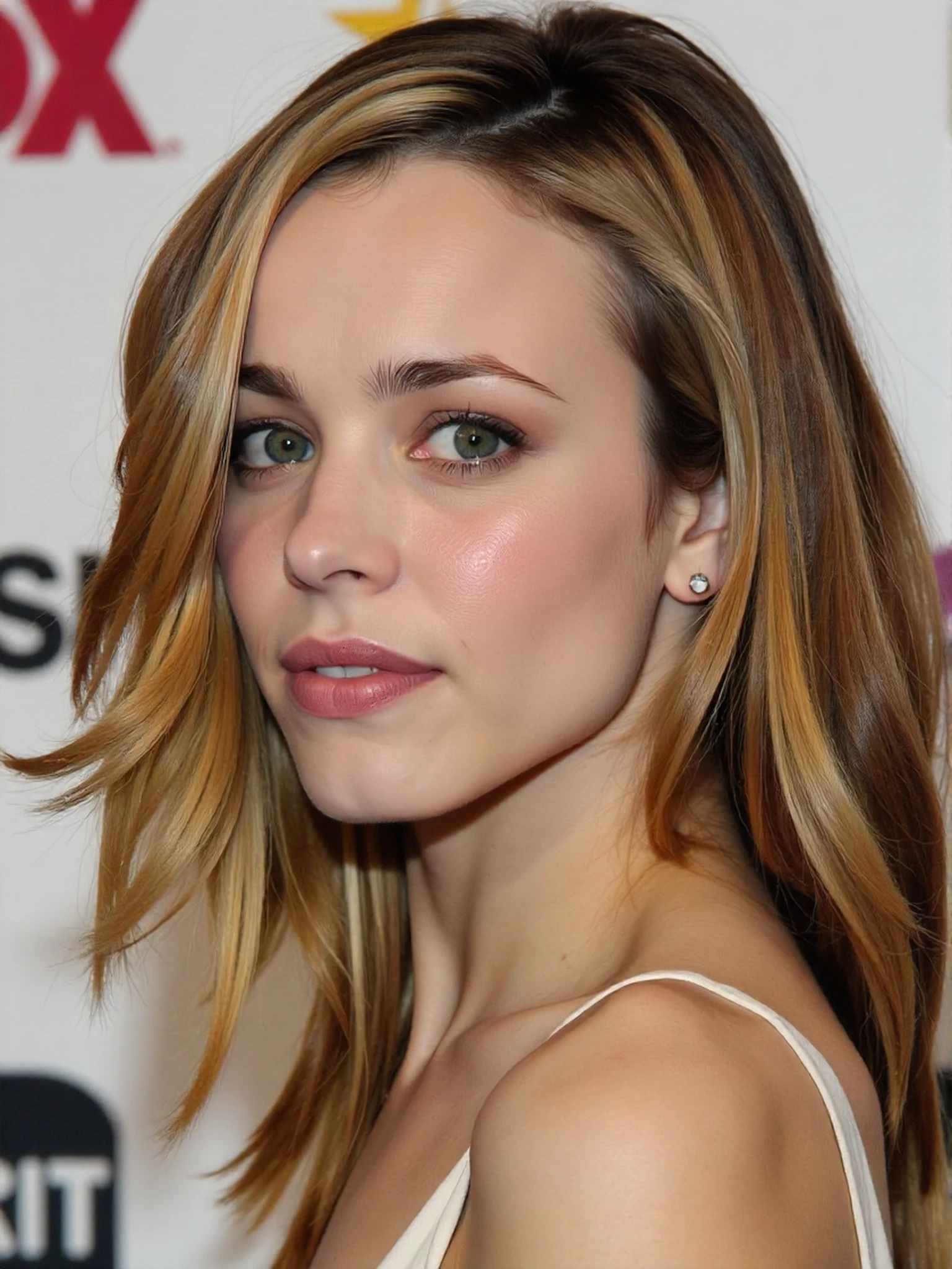 <lora:Rachel_McAdams_2000s:1> woman, extreme close-up, zoomed, focus on face, centered, macro shot, face centered, focus on eyes, looking directly at the viewer, looking directly at the camera, making eye contact, looking straight ahead, modest clothes, modest apparel, chest covered, modesty <lora:zz_s_Chest_Size_Slider:-2>, lipstick, eye shadow, eye liner, blush, necklace, bracelets, rings, earrings, jewelry, a close-up profile photograph, looking back, wavy, tinted hair, well-groomed and styled, cascading in soft waves, background is a blurred view of an awards ceremony, emphasizing the texture and color variations in the hair, overall effect is natural and elegant, showcasing the beauty of the hair in a detailed and artistic manner.