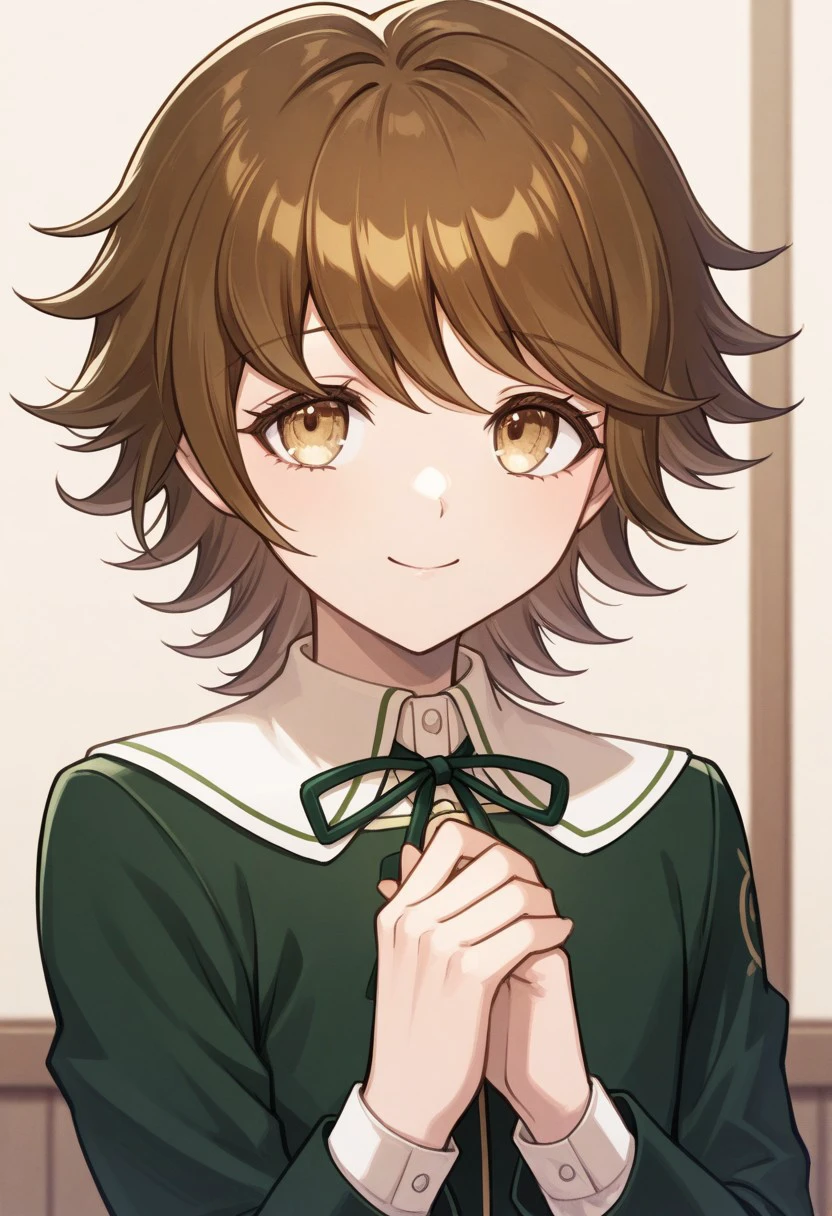 masterpiece, best quality, 
chihiro, 1boy, male focus, solo, brown eyes, brown hair, bangs, crossdressing, shirt, white shirt, collared shirt, ribbon, neck ribbon, jacket, green jacket, long sleeves, own hands together, smile,
indoor