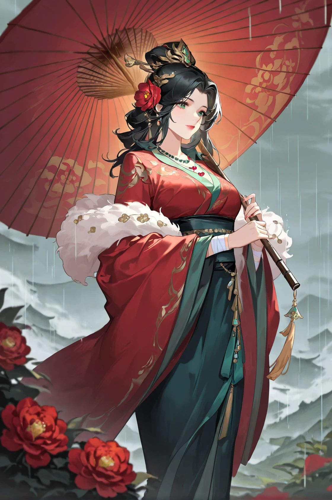 masterpiece,best quality,newest,absurdres,highres,safe,1girl,umbrella,solo,flower,black hair,holding umbrella,bandages,holding,jewelry,green eyes,oil-paper umbrella,beads,necklace,red flower,standing,hair ornament,<lora:stzb_r1:0.8>,