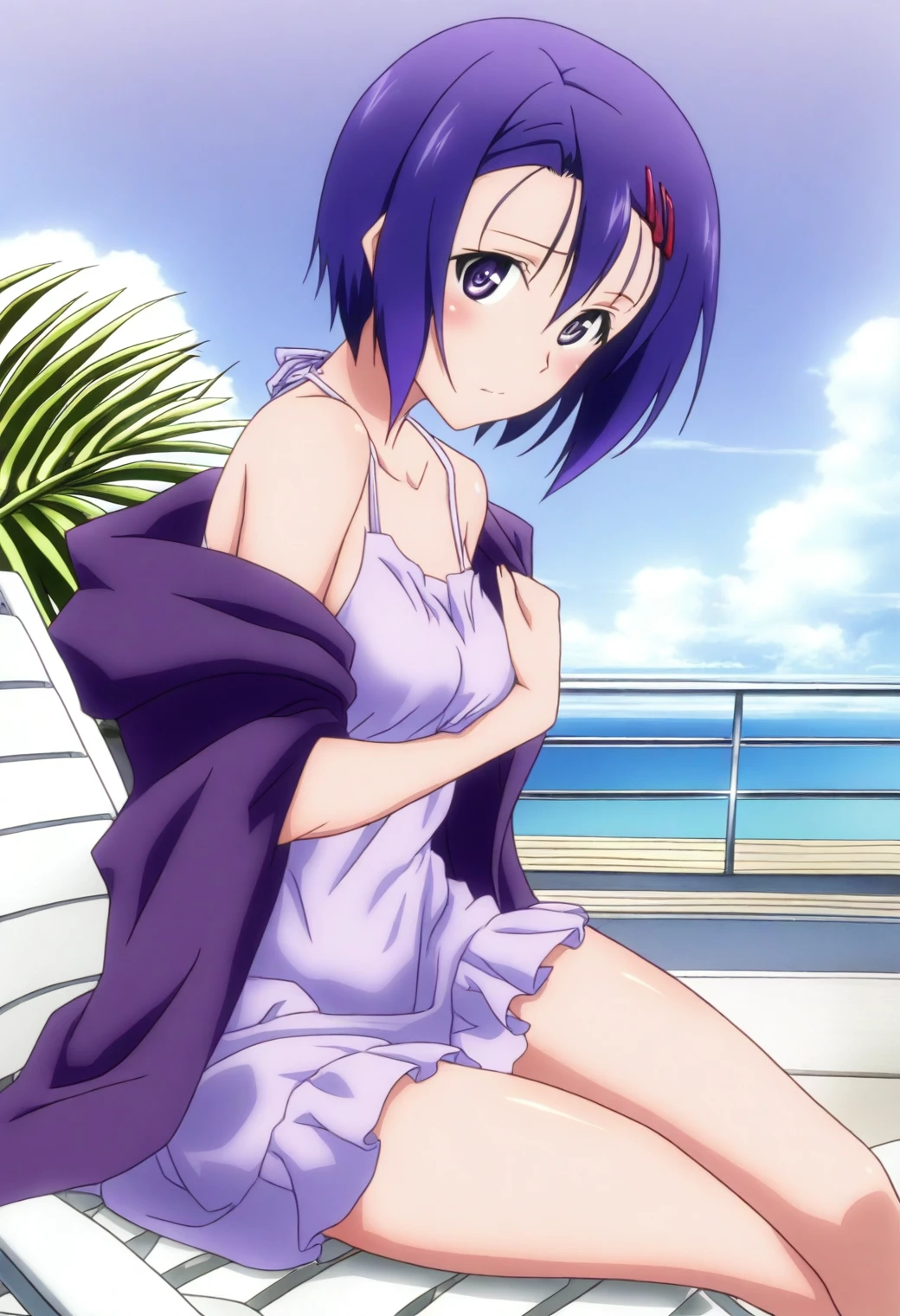 <lora:Haruna Sairenji - [To Love Ru] - illustriousXL v1:1>, sysdeep_haruna, hairpin, short hair, solo, Boutique hotel balcony, silk robe, sitting on lounge chair, soft morning light