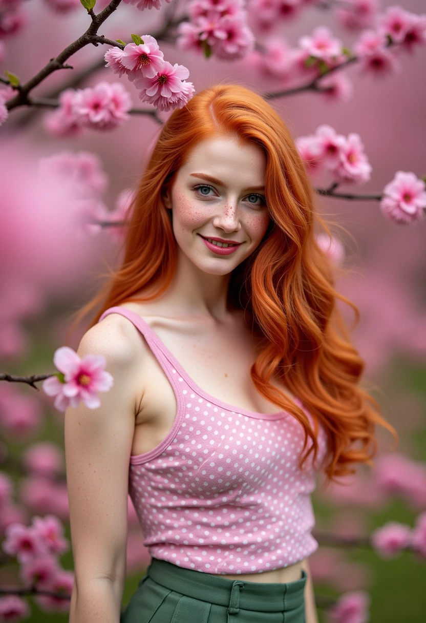 Raw HiRes Photo of a fair-skinned, red-haired woman with freckles, standing amidst blooming pink flowers. Her long, wavy hair cascades over her shoulders, partially obscuring her face. She gazes directly at the camera with a contemplative expression and beautiful photogenic smile. Her bare shoulders and arms are visible, she is wearing a polka dot top and a green short skirt. The background is filled with soft-focus pink blossoms, creating a dreamy, ethereal atmosphere. The overall color palette is dominated by shades of pink and red, enhancing the romantic, nature-inspired feel of the image. Spicy_Hot_Red