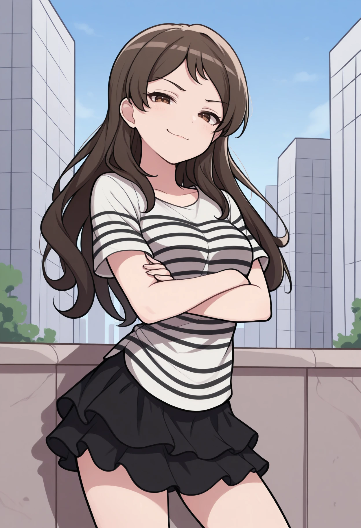 masterpiece, best quality, 1girl, solo, K1tazawaCas, brown eyes, brown hair, long hair, white shirt, striped shirt, short sleeves, black skirt, lineart, crossed arms, smug, looking at viewer, contrapposto, outdoors, city, <lora:ChamShihoKitazawaIllustriousXL:1>