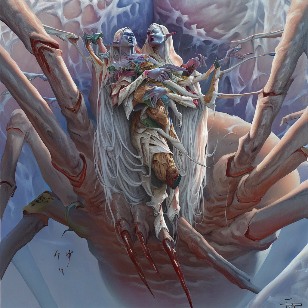 lo0thqu33n0fsp1d3rs, lolthqueenofspiders, lolth queen of spiders, pointy ears, long hair, colored skin, elf, white hair, extra arms, blue skin, silk, signature, blood, armor, 1girl, 2girls, multiple girls, spider web