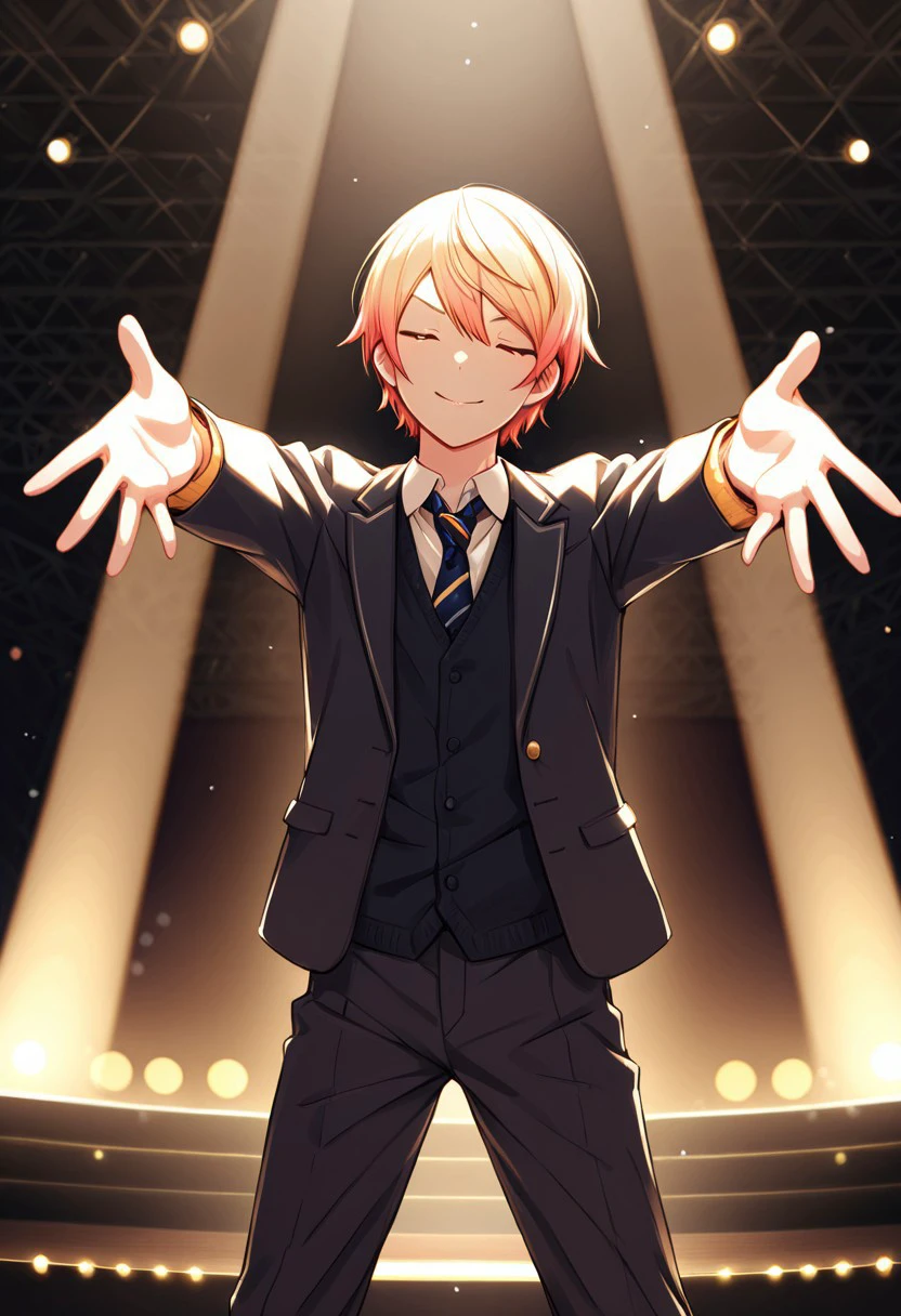 masterpiece, high res, 1boy, solo, tenma_tsukasa, outstretched arms, stage, dance, (eyes almost closed:0.5l, gentle smile, spotlight, volumetric lighting,backlight,bokeh,radiance