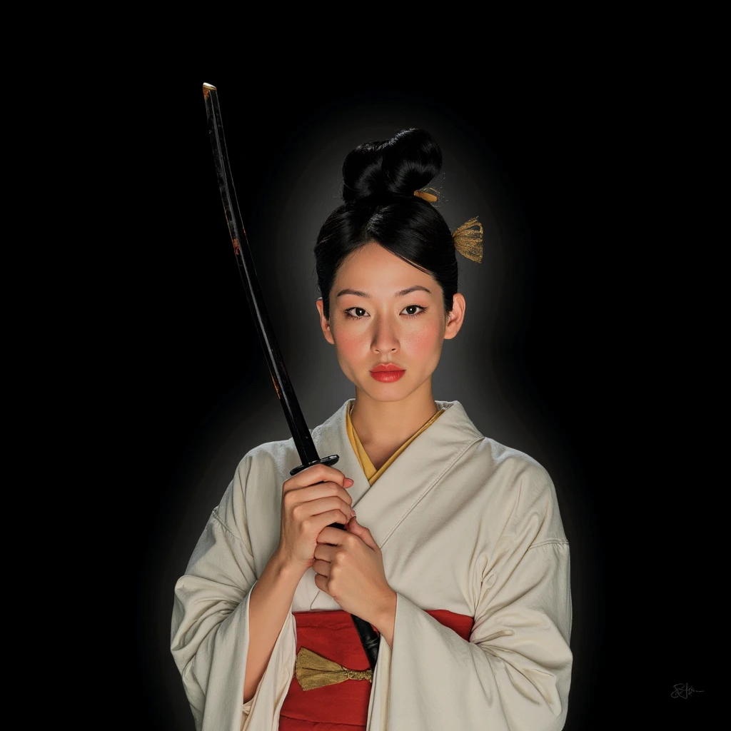 cinematic film still of  <lora:1990's style Kill Bill v1-step00001800:0.8>
In the 1990's Cinematic film image of O-Ren Ishii a drawing of a asian white woman in a kimono is holding a sword:0.5, 1girl, solo, looking at viewer, black hair, hair ornament, holding, upper body, weapon, japanese clothes, sword, kimono, holding weapon, blood, makeup, holding sword, katana, lipstick, black background, freckles, red lips, Kodak film grain, dramatic light, dramatic shadow light, contrast, saturated color, cinematic, filmic, motion picture, realistic, realism, perfection, perfect, deep focus, clean image, Kill Bill style, Kill Bill Film Style, closed mouth, hair bun, single hair bun, hair stick, blood on weapon, updo, shallow depth of field, vignette, highly detailed, high budget, bokeh, cinemascope, moody, epic, gorgeous, film grain, grainy