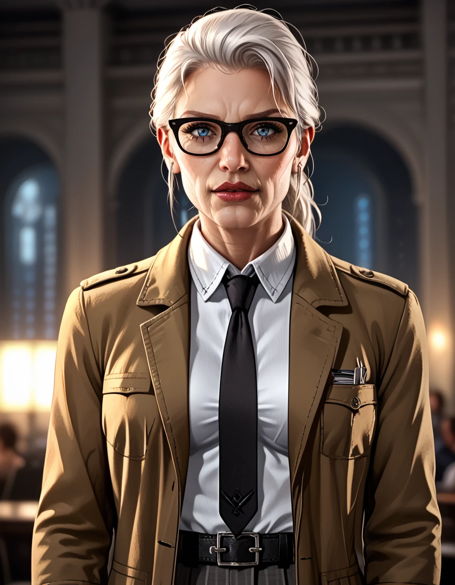 cinematic film still PonyXLV6_Scores, NEGATIVE_HANDS, fixl-art ,detailed,   <lora:Commissioner_Gordon:0.8>solo, white hair, ponytail, black-framed eyewear, indoors, gun, belt, old woman, black necktie, blue eyes, khaki coat, collared shirt, portrait, G0rd0n, 1girl, large breasts, source_cartoon,  . shallow depth of field, vignette, highly detailed, high budget, bokeh, cinemascope, moody, epic, gorgeous, film grain, grainy