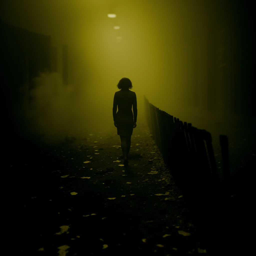 cinematic film still of  <lora:horror style silent hill v1:0.7>
In the mysterious New England town of Silent Hill Protagonist a woman from behind walking away from a fence in a dark room, 1girl, solo, short hair, standing, jacket, outdoors, from behind, walking, fence, smoke, fog, silhouette, ruins, cinematic, supernatural, horror style, Sairento Hiru style, from behind, smoke, yellow themed light style, skirt, shallow depth of field, vignette, highly detailed, high budget, bokeh, cinemascope, moody, epic, gorgeous, film grain, grainy