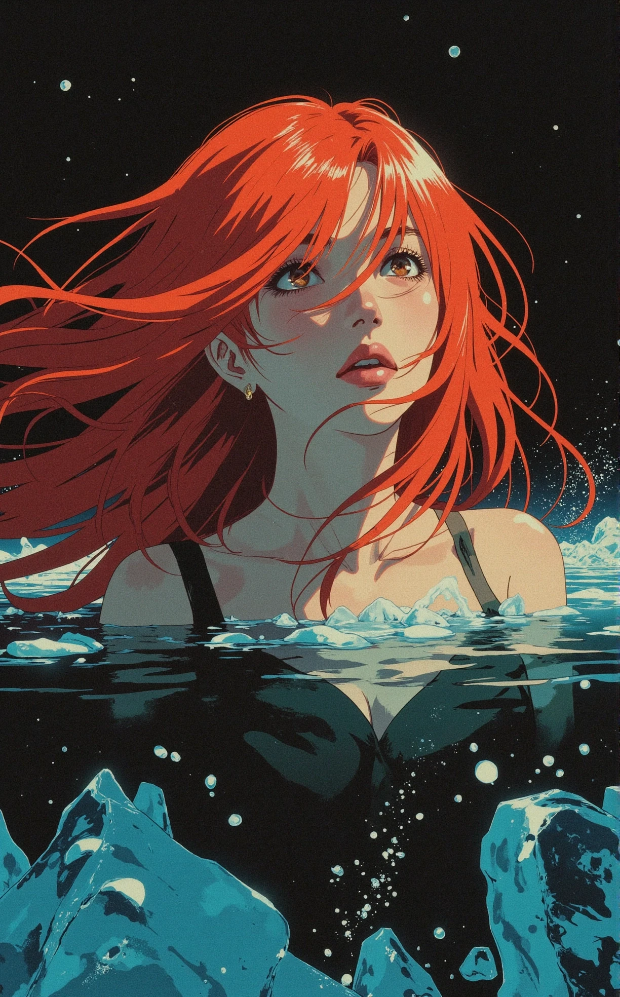 anime, retro, Off-center composition, three-quarters with high-key lighting, The image is a close-up portrait of a young woman with long, flowing red hair. Her face is partially submerged in the water, with her eyes looking up towards the sky. Her hair is flowing in the wind, creating a sense of movement and energy. The water is dark and murky, with small bubbles visible in the background. The woman's body is covered in a layer of ice, with a hint of blue at the bottom. The overall mood of the image is peaceful and serene., dark and dim light, anime artwork comic dark art by John Baizley, sci-fi art by Takasaki Masaharu, , Realism, portraits, detailed, lifelike, Heavy metal album art, surrealism, intricate linework, dark atmospheres, fantastical compositions . graphic illustration, comic art, graphic novel art, vibrant, highly detailed . anime style, key visual, vibrant, studio anime, highly detailed