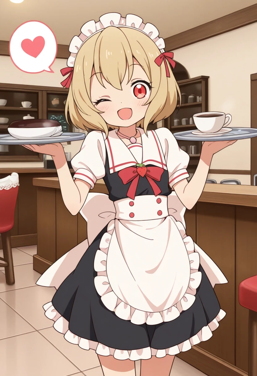 best quality, masterpiece, humansango, humansango, 1girl, solo, short hair, open mouth, smile, red eyes, back bow, blonde hair, cafe, maid outfit, maid headdress, tray, one eye closed, spoken heart, 