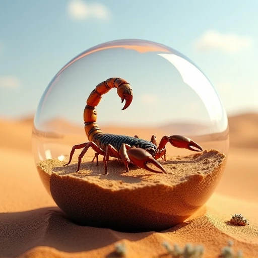Create a hyper-realistic, highly detailed image of a scorpion and a desert landscape contained within a glass orb. The orb is slightly zoomed out to showcase its entire spherical shape, with the scorpion positioned prominently at the center. The scorpion is intricately detailed, with every segment of its exoskeleton, the fine hairs on its body, and the sharp, curved stinger clearly visible. The desert within the orb is a vast expanse of sand dunes, with the occasional rocky outcrop and sparse, hardy vegetation. The glass orb is perfectly clear, with subtle reflections and refractions that enhance the realism of the scene. The lighting is soft and natural, casting a warm, golden glow that highlights the textures of the sand and the scorpion's body. The background is a subtle, gradient sky, transitioning from a deep blue at the top to a soft orange near the horizon, creating a serene and almost otherworldly atmosphere.