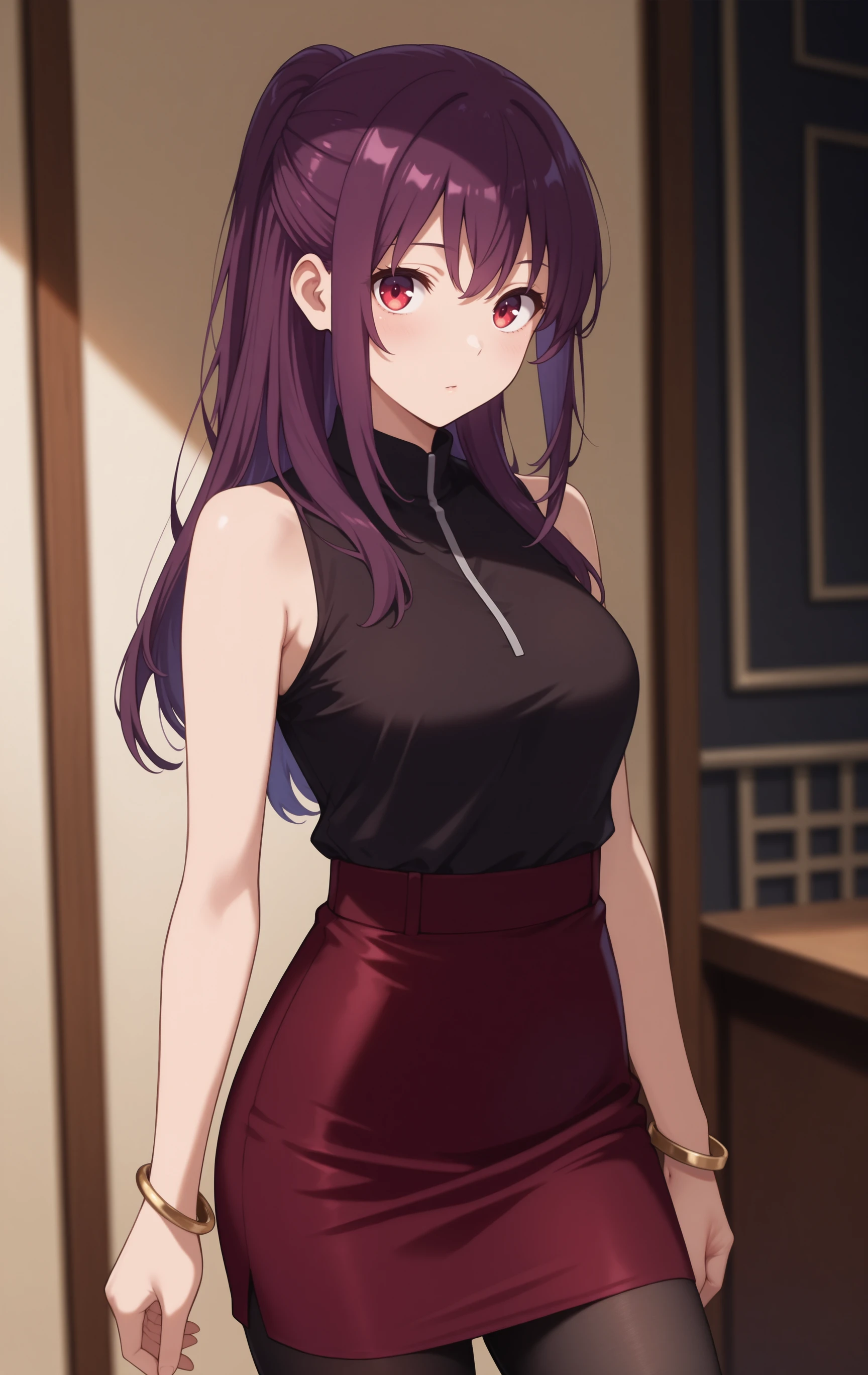 masterpiece,,1girl, Akane <lora:IL-Akane:0.7>,long hair,sleeveless,red eyes,ponytail,sidelocks,purple hair,half updo,adult,bare shoulders, black sleeveless shirt, bracelet, Red-violet pencil skirt, black pantyhose
,cowboy shot, looking at viewer, depth of field,