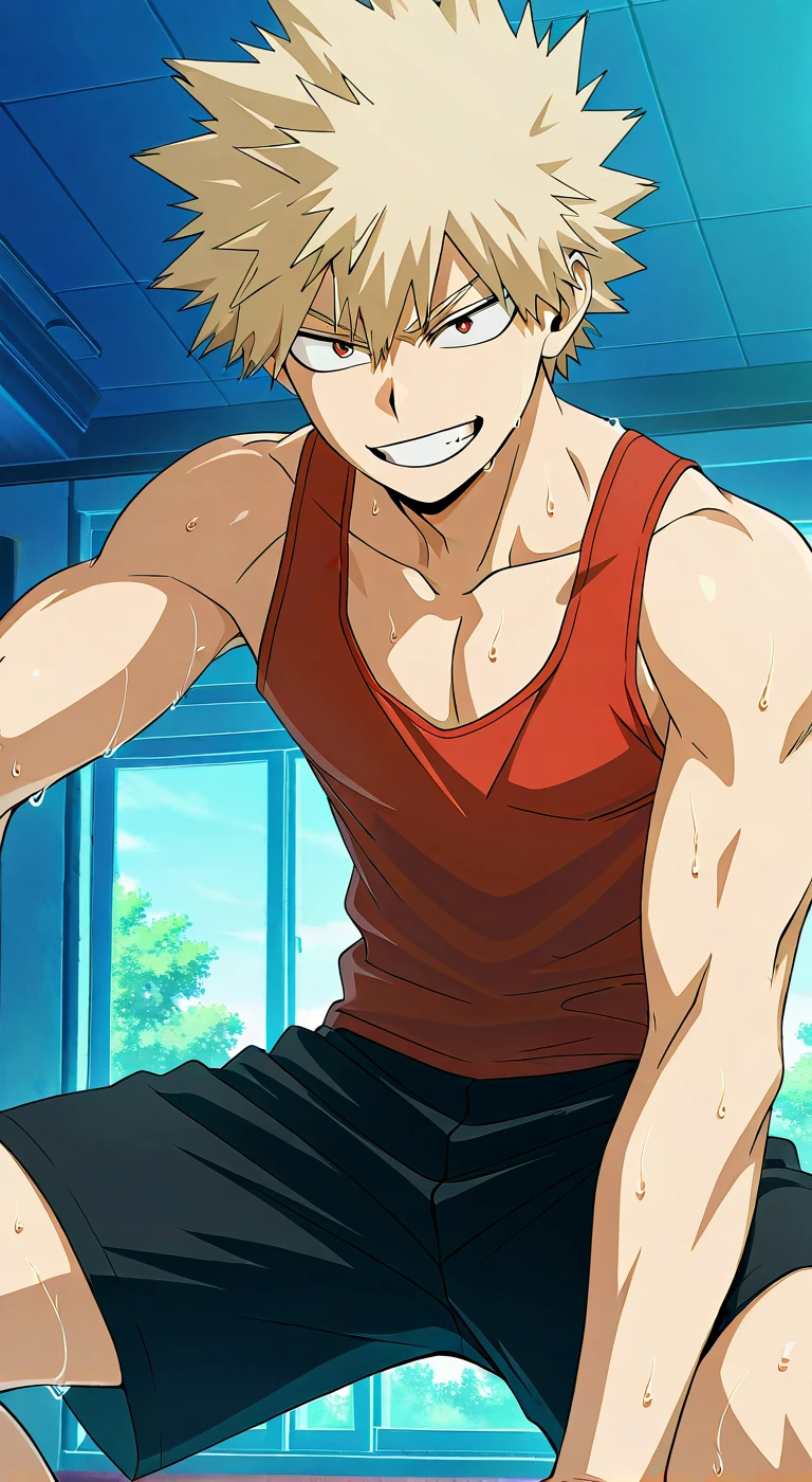 score_9, score_8_up, score_7_up, source_anime, highres, (masterpiece, best quality, (anime, anime coloring:1.3),1boy,solo,male focus,bakugou,blonde hair,spiked hair,short hair,red eyes,smile,red tank top,black shorts sweaty,gym,training