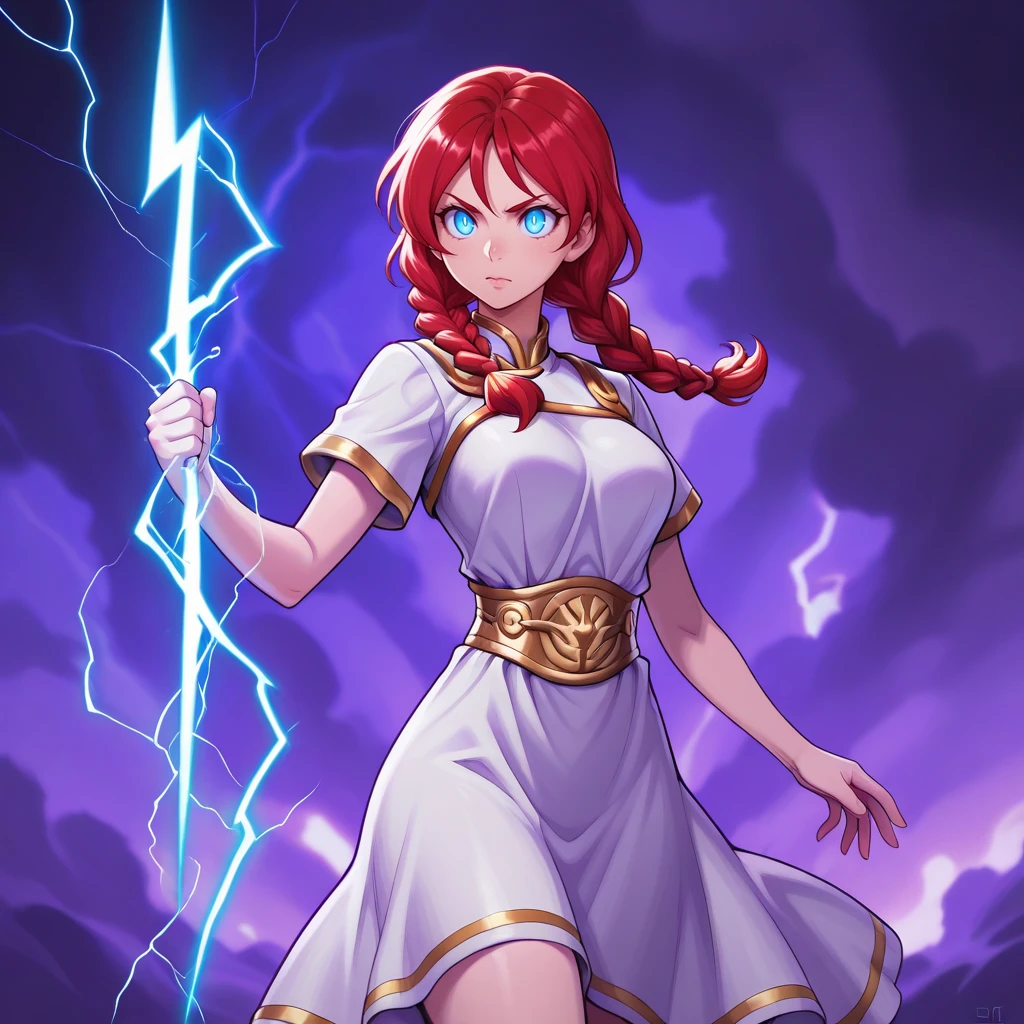 masterpiece, best quality, HoldingZeusThunderBolt, holding lightning , 1girl, solo, red hair, twin braids, blue eyes, white dress, cowboy shot,   <lora:HoldingZeusThunderBolt_illustrious_Leaf2:1>, purple theme,