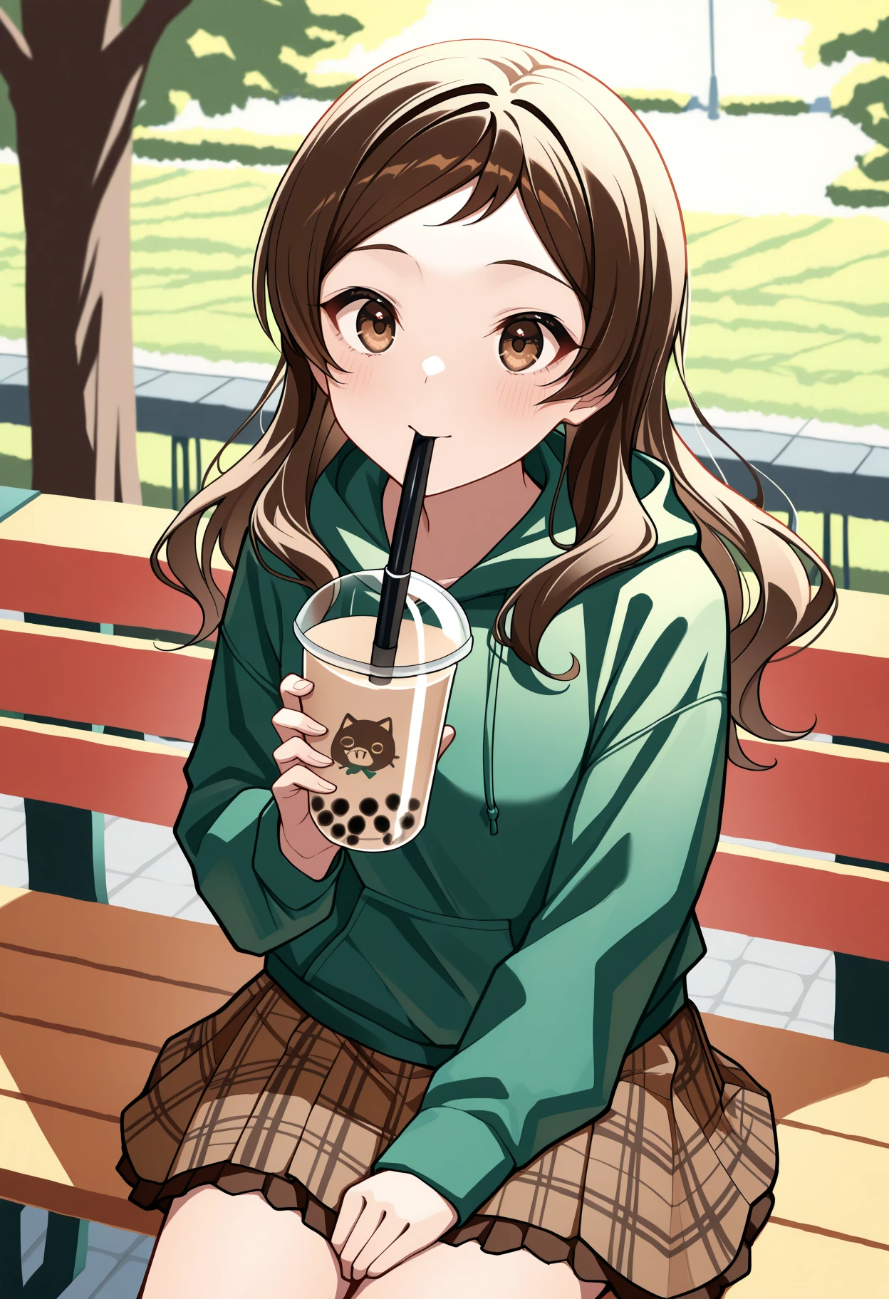 masterpiece, best quality, 1girl, solo, K1tazawaSh1ho, brown eyes, brown hair, long hair, green hoodie, brown skirt, plaid skirt, sitting, outdoors, on bench, park, bubble tea, drinking bubble tea, drinking straw, drinking straw in mouth, happy, <lora:ChamShihoKitazawaIllustriousXL:1>