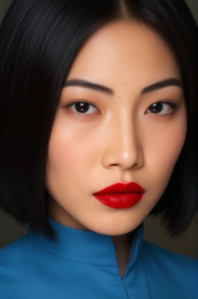 A high-quality photography of a asian woman's face, focusing on her striking features and one mole. She has smooth, flawless skin with a few liver spots. Her makeup is bold and elegant, featuring bright red lipstick and a touch of blush. Her dark hair is styled in a sleek bob, framing her face. She wears a blue top with a high collar. The lighting is soft and even, highlighting her natural beauty.   <lora:makeup_art_FLUX_v1:1>