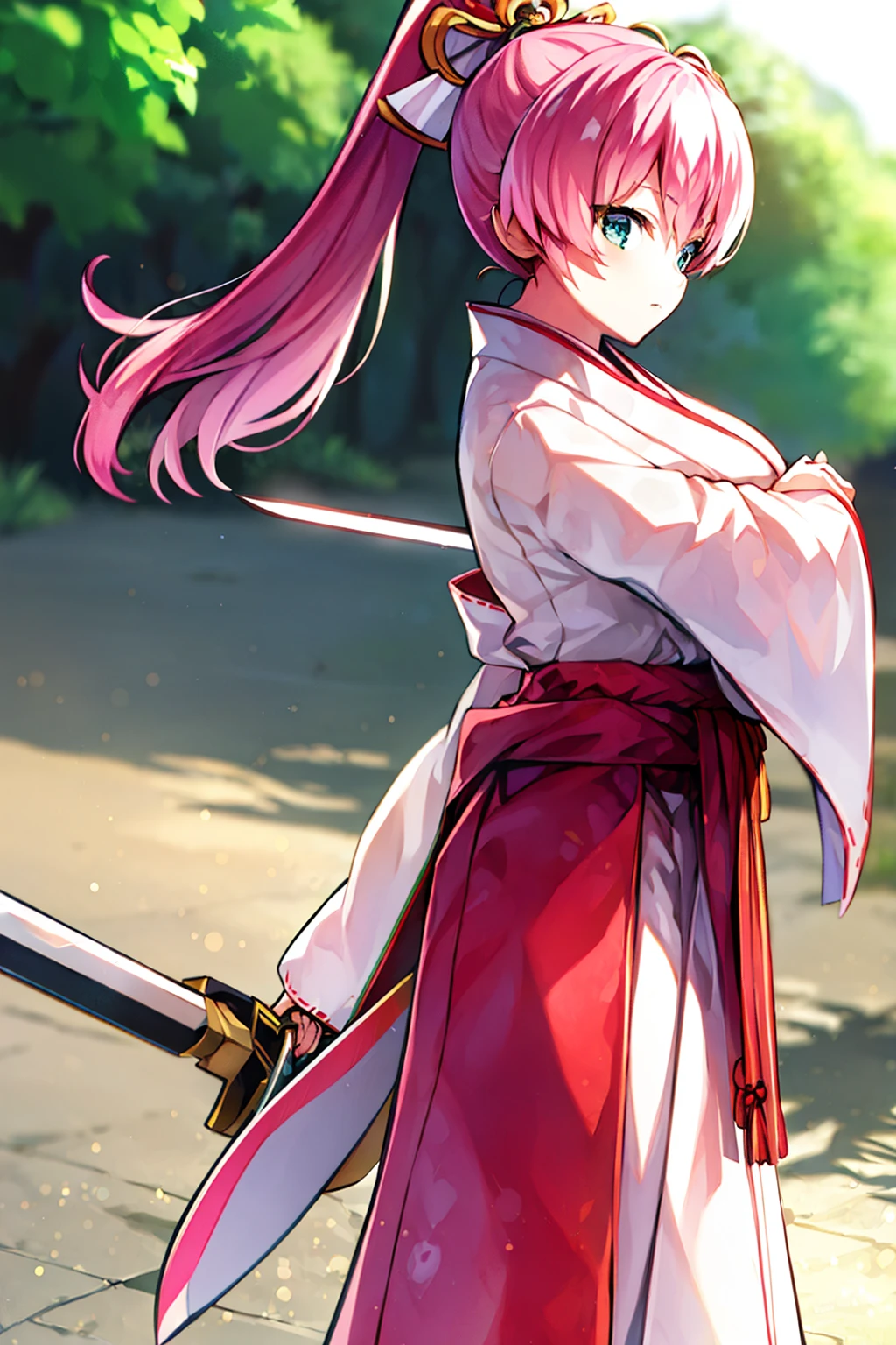 masterpiece, best quality, highres,  <lora:megumi_V1:1> 1Japanese girl, mgmaikw, pink hair, ponytail, miko,  big sword