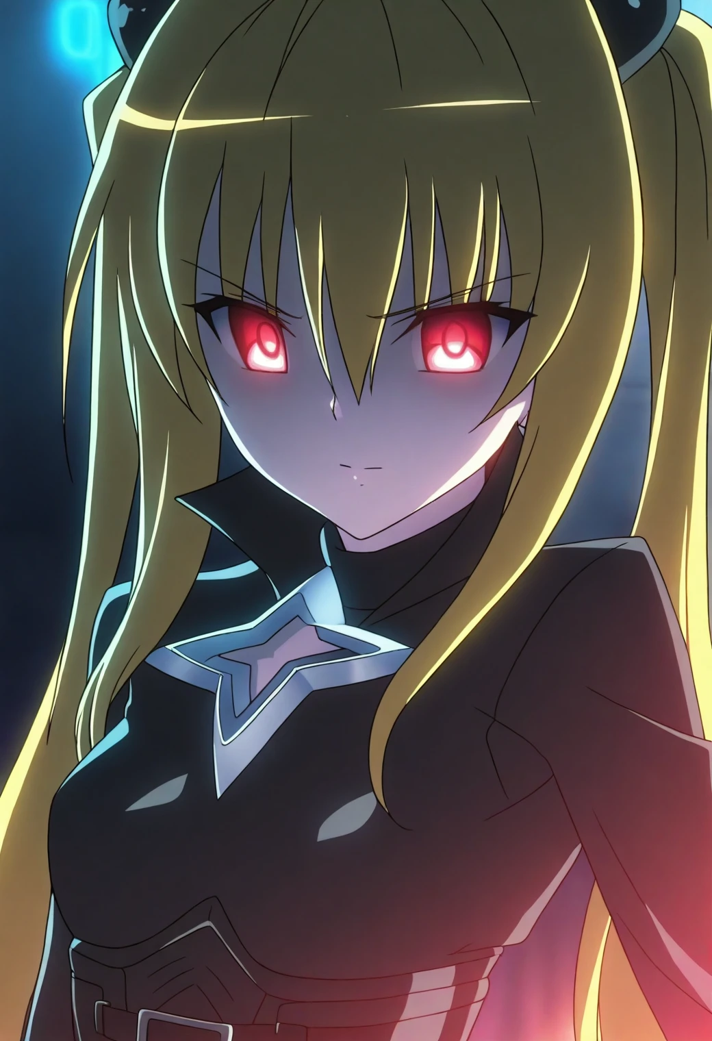 <lora:Konjiki no Yami - [To Love Ru] - illustriousXL v1:1>, sysdeep_yami, blonde hair, red eyes, twintails, long hair, solo, sleek jumpsuit, neon-lit street, mid-run, determined mood