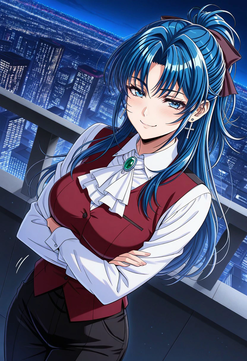 masterpiece, best quality, newest, highres, uncensored, 1girl, yokota mamoru style,1girl, slender face，motion lines,blush,torogao,looking at the viewer,seductive smile
Kouno Asami,Blue Hair, Curtained Hair, Long Hair, Ponytail, Spiky Bangs, Straight Hair,Blue Eyes,Medium Breasts, Slim, Cross Earrings
1girl,solo
 half updo, bow, long sleeves, vest, ascot, white ascot, red vest, collared shirt, gemstone,, city skyline, rooftop view, night time, city lights, quiet reflection, smile, looking at viewer, crossed arms, smug, solo,, dutch angle, cowboy shot