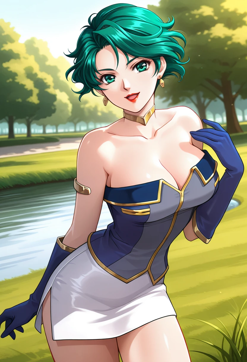 masterpiece, best quality, 1girl, solo, srw_aya, <lora:ill_aya:1>, cowboy shot, strapless, bare shoulders, collarbone, choker, miniskirit, white skirt, side slit, blue gloves, elbow gloves, large breasts, green hair, shot hair, green eyes, earrings, red lips, makeup, looking at viewer, smile, open mouth, park, grass, river