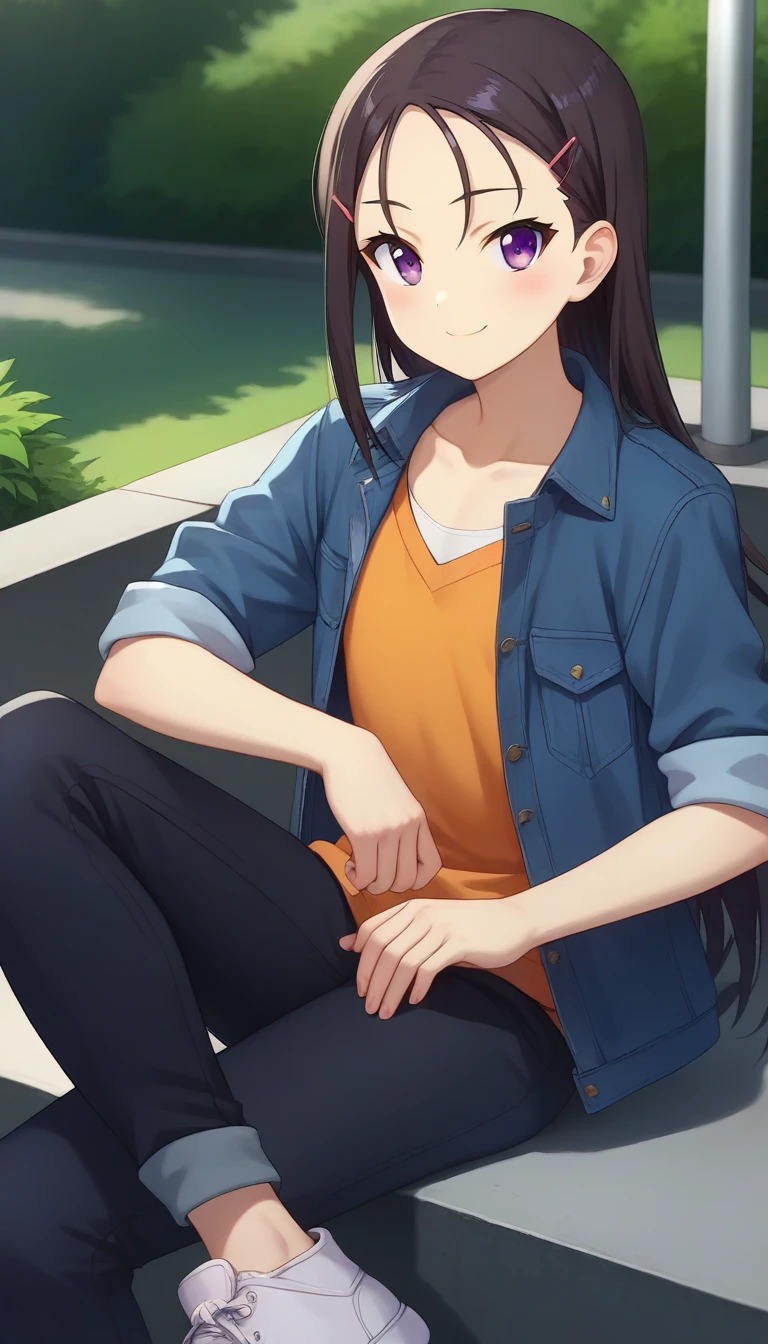 score_9,score_8_up,masterpiece,best quality,correct anatomy,anime_source,1girl,solo,perfect eyes,perfect arms,perfect legs,perfect face,outdoors,upper body,(portrait:1.5),looking at viewer,facing viewer,smile,blush,Otosaka Ayumi,long hair,black hair,hair ornament,hairclip,sidelocks,forehead,purple eyes,collarbone,denim jacket,open jacket,orange vest,flat chest,black pants,pants rolled up,sneakers,white footwear,<lora:Otosaka Ayumi(cl)-Pony:1.6>,