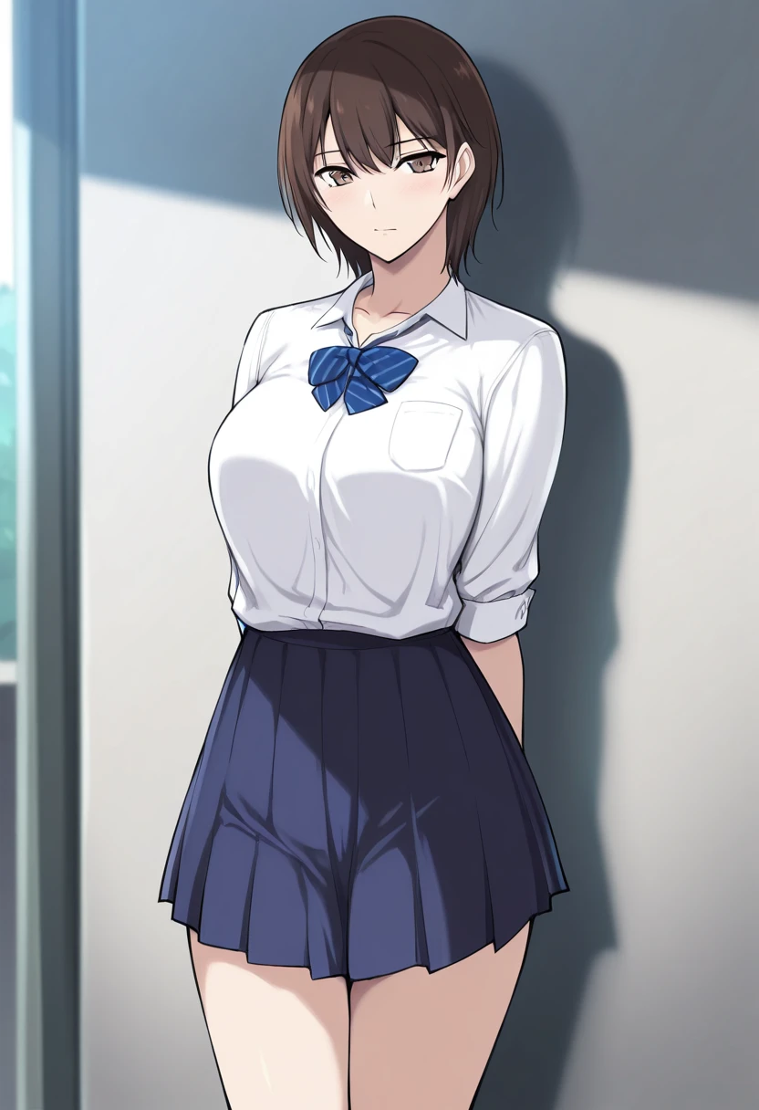 masterpiece, best quality, highly detailed, KeiKsmt-KJ, shirt, skirt, bright eyes, blush, realistic, ass shot, from below