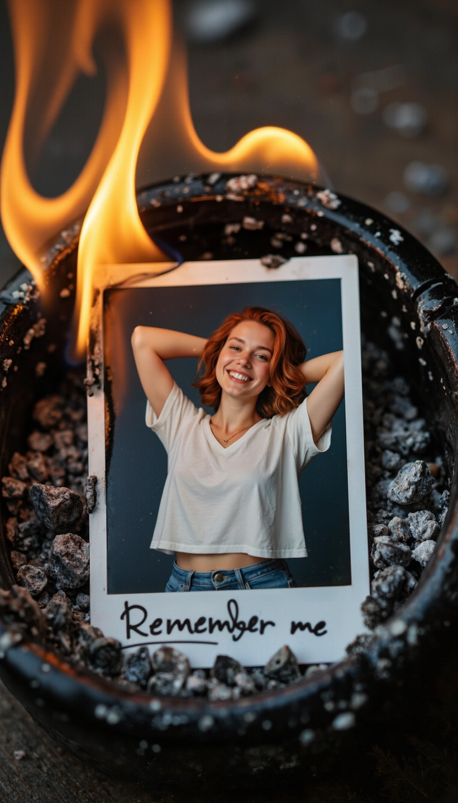 RAW DSLR photo, color graded, Nikon D850, 40mm lens.

A polaroid photography of a young woman, with the text "Remember me" written with a black sharpie. The woman is about thirty years of age, has medium wavy red hairs, a fair complexion, light freckles, wears a white shirt and blue jeans. Her body is curvy. She is smiling in a relaxed pose, arms up, ruffling her hairs.
The photography is burning with yellow orange flames, lying flat in a black glass ashtray, with volutes of black and white smoke billowing away in a feeling of sadness and loneliness. The corners of the photo are curling away, blackened, burned, disintegrating amidst ashes.