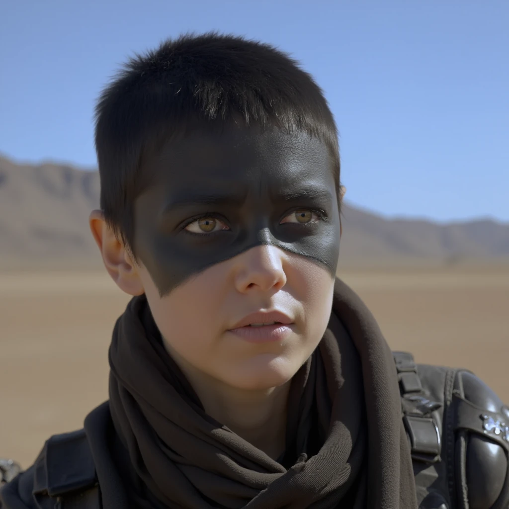 cinematic film still of  <lora:dystopian style Mad Max v1:0.8>
In a dystopian world - The collapse of society Imperator Furiosa a woman with a black face paint and a scarf, solo, short hair, black hair, 1boy, brown eyes, closed mouth, male focus, outdoors, sky, day, blurry, lips, blurry background, portrait, realistic, very short hair, buzz cut, action movie themed, sharp, detailed, epic cinematic photography, artistic, dramatic light, cinematic color style, Kodak film style, Mad Max Fury Road style, blue sky, mountain, desert, photorealistic, shallow depth of field, vignette, highly detailed, high budget, bokeh, cinemascope, moody, epic, gorgeous, film grain, grainy