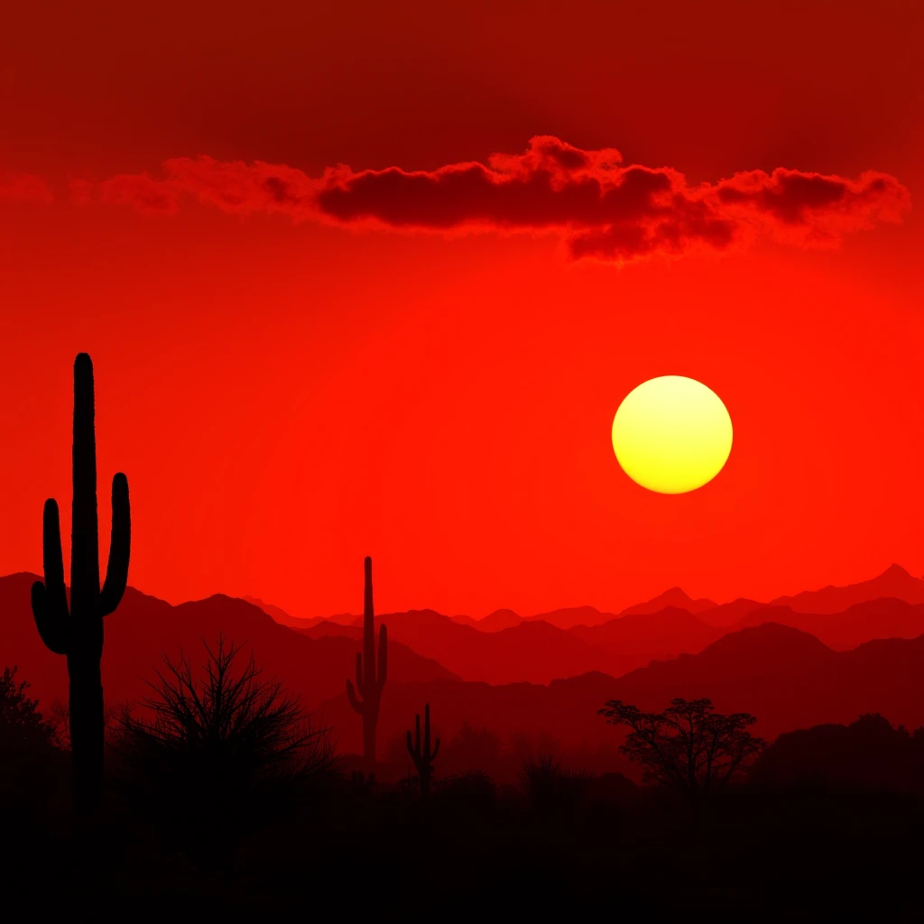 Hyperrealistic art of  <lora:1990's El mariachi Triology v1:0.8>
In 1990's action film style In 1990's action film style In the United Mexican States an epic sunset with a red sky and a cactus, outdoors, sky, cloud, tree, no humans, scenery, sunset, mountain, red theme, landscape, orange sky, red sky, cinematic, film, kodak, Rodriguez's Mexico Trilogy film style, nature, sun, silhouette, mountainous horizon, Extremely high-resolution details, photographic, realism pushed to extreme, fine texture, incredibly lifelike