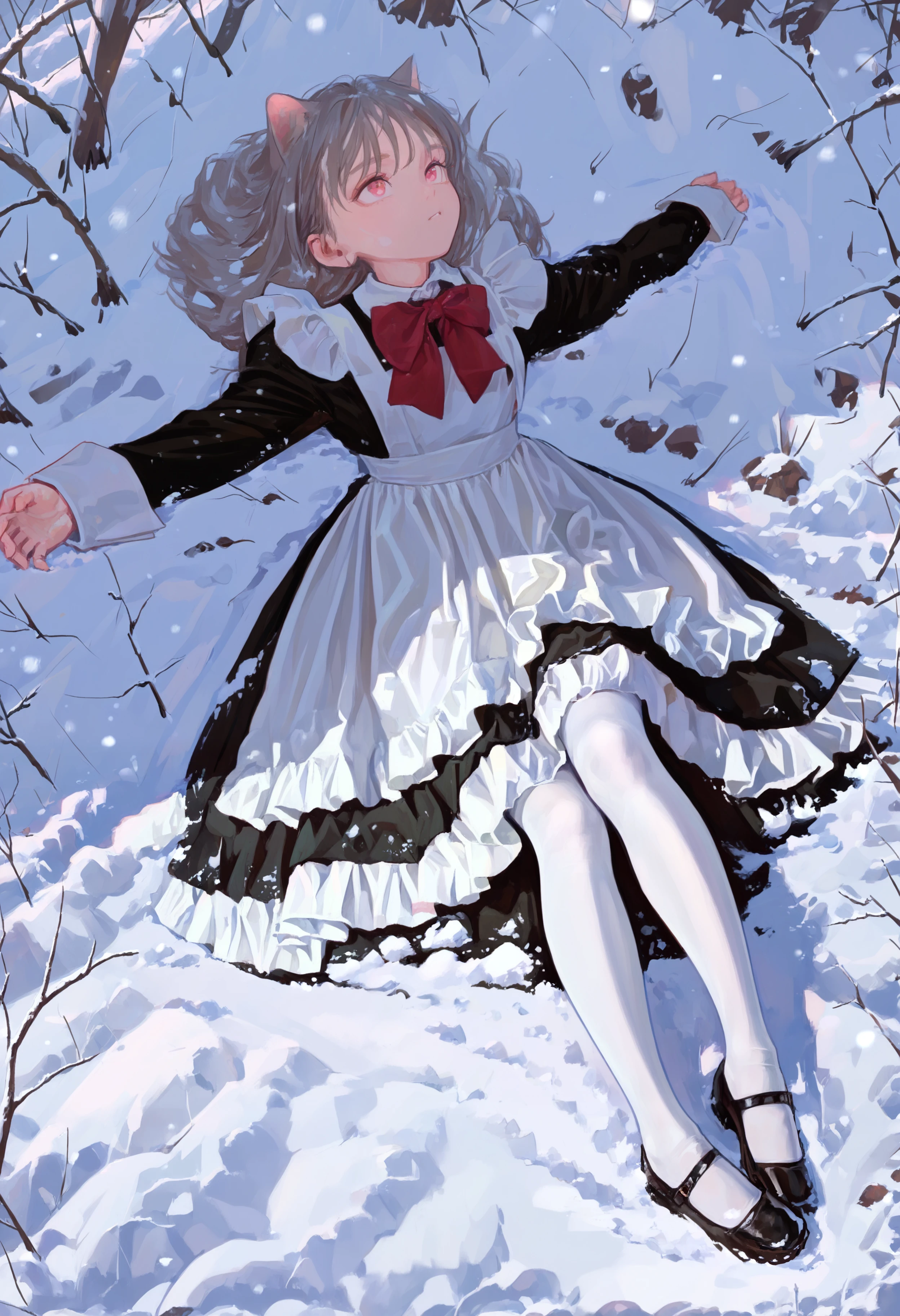 masterpiece, highres, absurdres, newest, very awa, painting \(medium\), (flat color:1.1), outdoors, snow,  1girl, solo, grey hair, pink eyes, cat ears, maid, white apron, frilled dress, long sleeves, wrist cuffs, red bowtie, white pantyhose, mary janes,   lying, on back, outstretched arms, legs apart, looking up a viewer,   <lora:spo_sdxl_10ep_4k-data_lora_webui>,  <lora:illustrious_noobai_epsilon_pred_1_best_quality_v1:0.4>, <lora:FKEY_WAI>,