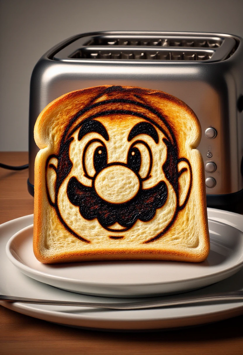 <lora:Toastastic_FLUX-000013:0> <lora:Toastastic_FLUX-000018:0.8>
This photograph features a slice of bread that has been toasted in a way that resembles a portrait of Super Mario's face.