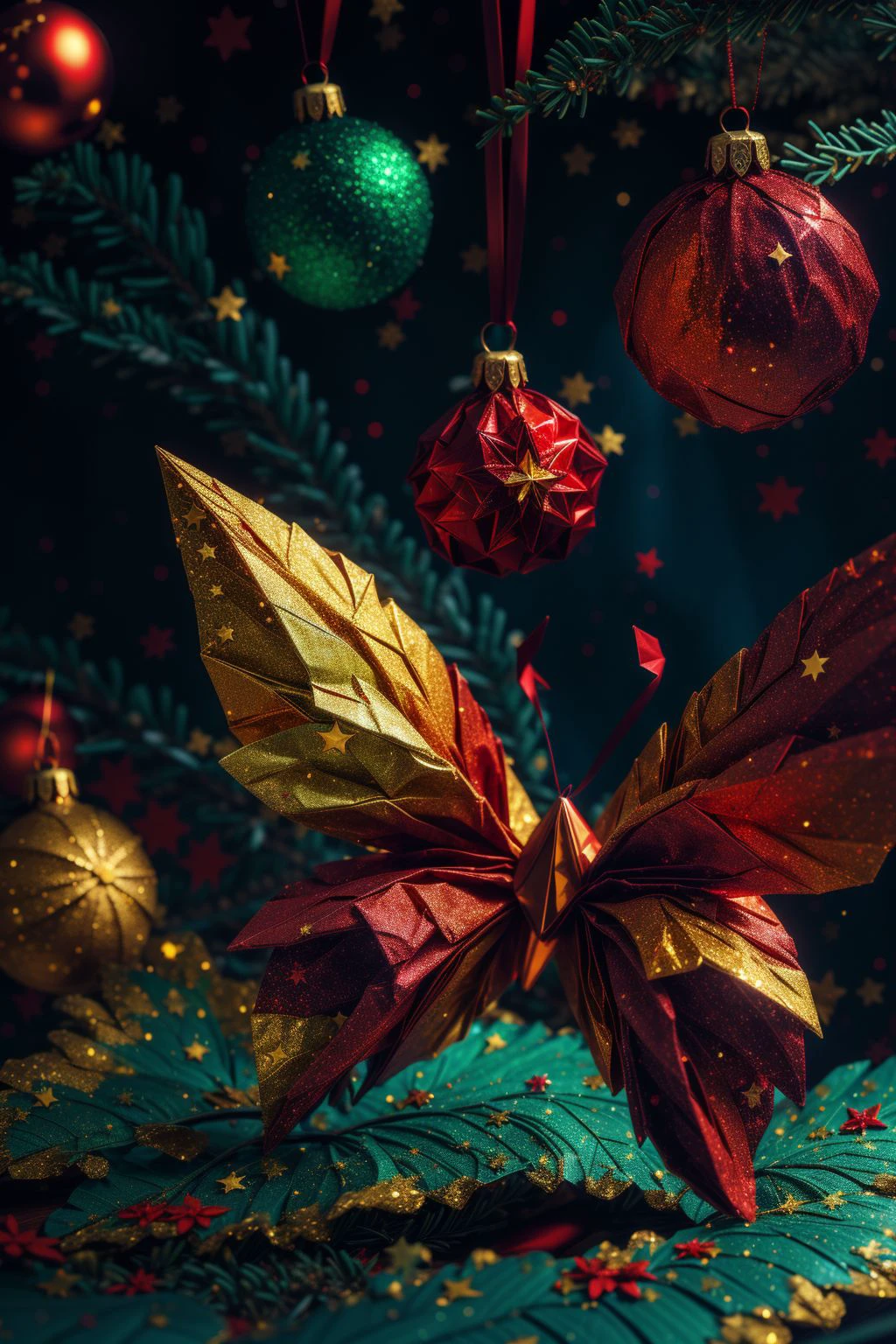 V3Xmas butterfly, dark background, confetti <lora:J_origami:0.8> J_origami <lora:add_detail:0.5> <lora:boldline:0.2>, artistic, textures <lora:add_detail:0.5> <lora:boldline:0.2>