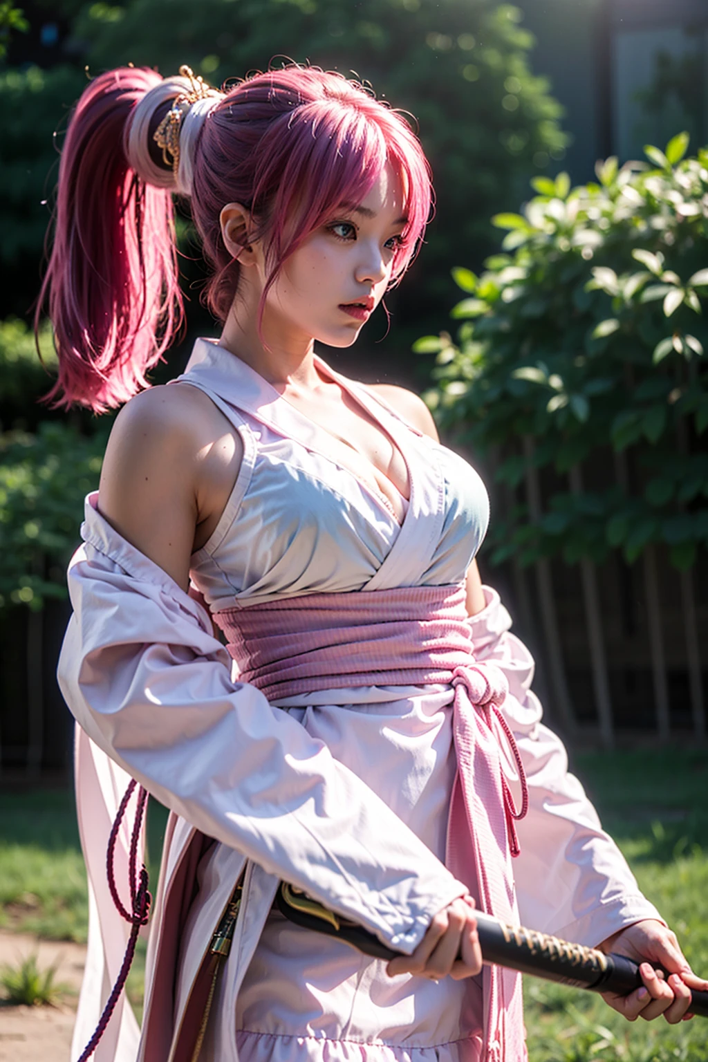 masterpiece, best quality, highres,  <lora:megumi_V1:1> 1Japanese girl, mgmaikw, pink hair, ponytail, miko,  large sword, cowboy shot