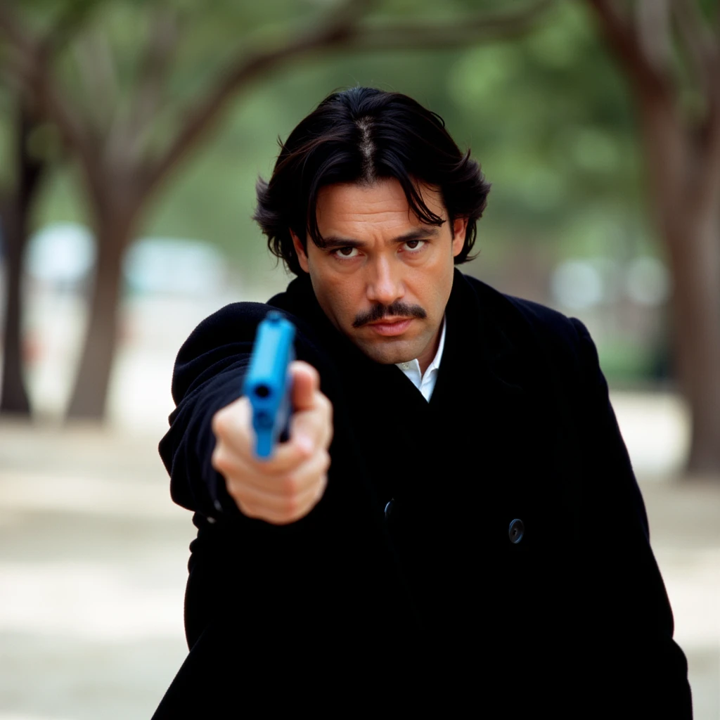 Hyperrealistic art of  <lora:1990's El mariachi Triology v1:0.5>
In 1990's action film style In 1990's action film style In the United Mexican States Armando Barillo a serious man in a black coat aiming down a blue hand gun, solo, looking at viewer, black hair, 1boy, holding, weapon, male focus, holding weapon, blurry, tree, gun, facial hair, from below, holding gun, handgun, realistic, mustache, cinematic, film, kodak, Rodriguez's Mexico Trilogy film style, standing, aiming, aiming at viewer, arch, Extremely high-resolution details, photographic, realism pushed to extreme, fine texture, incredibly lifelike