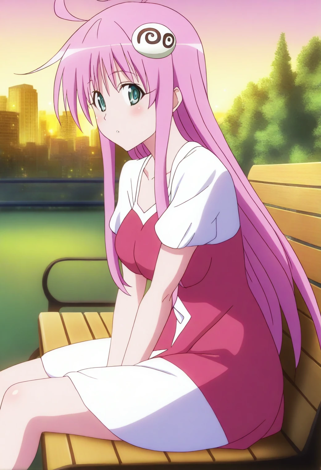 <lora:Lala Satalin Deviluke - [To Love Ru] - illustriousXL v1:1>, sysdeep_lala, solo, Evening park bench, short dress, looking at distant city lights